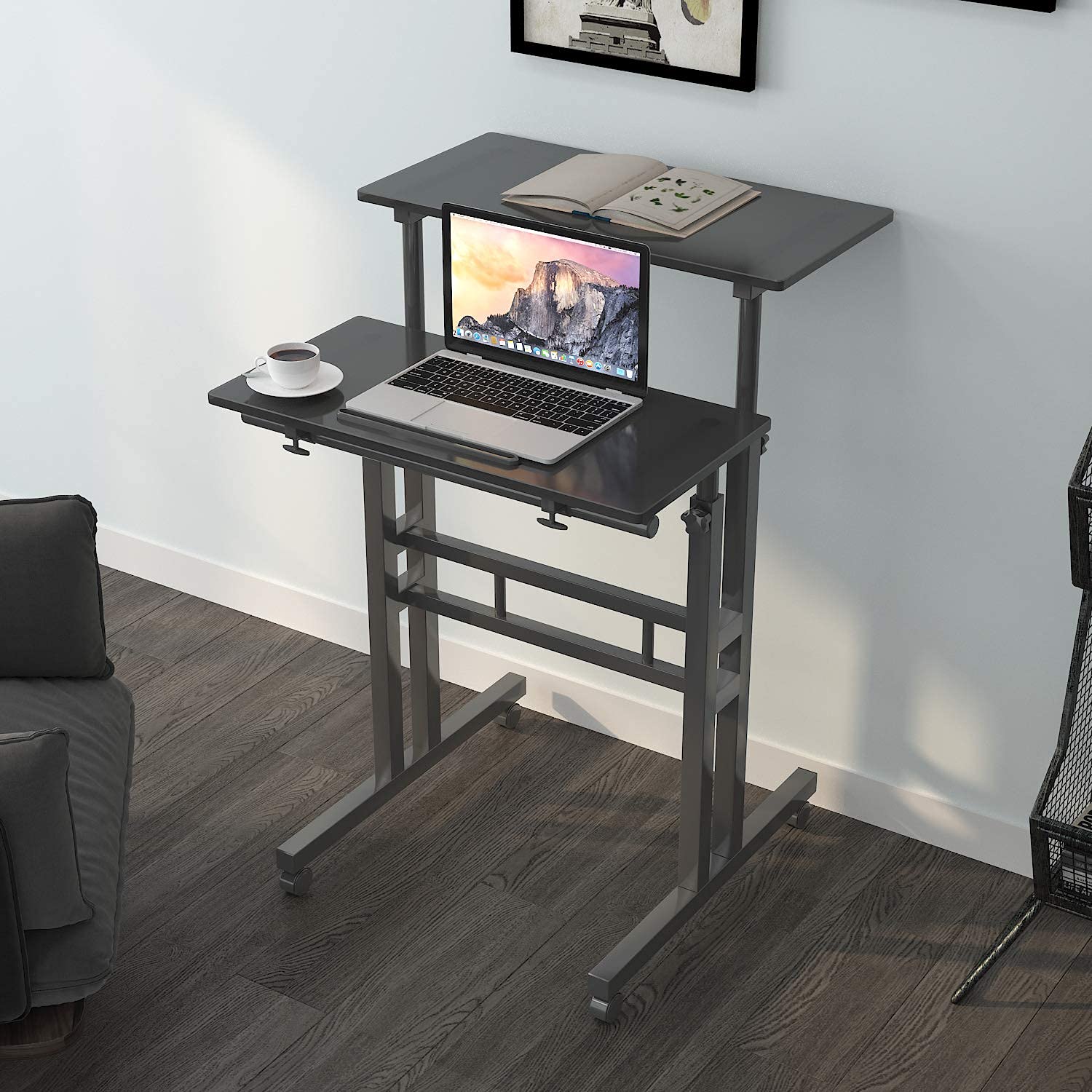 Adjustable Mobile Standing Desk on Wheels - Black 101-BK for Home & Office