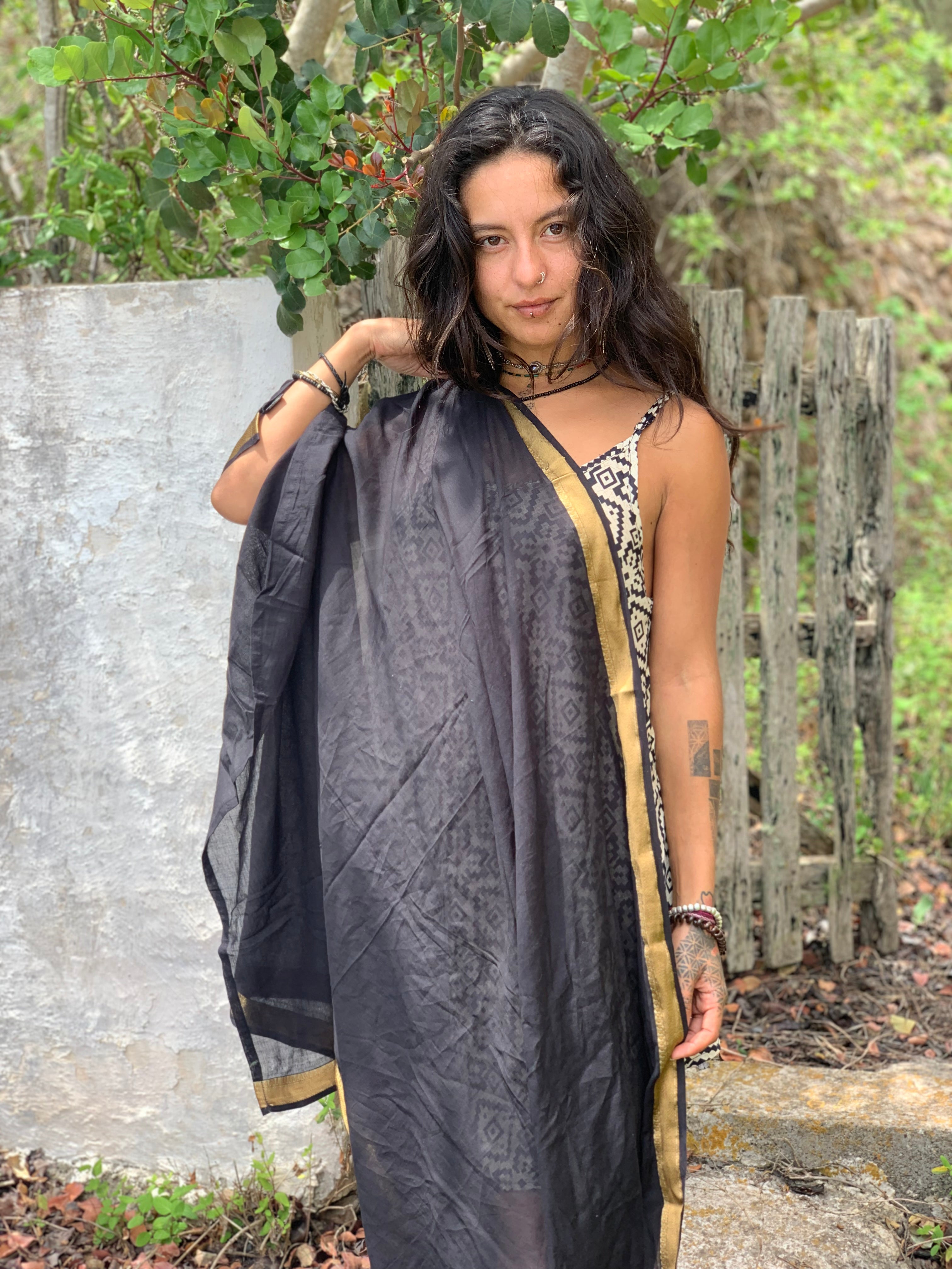Hand Woven Black Khadi Sarong with Gold Border - Lightweight Beach Cover-Up, Pareo, or Dupatta for Women - Perfect for Beach, Pool, and Summer Outings