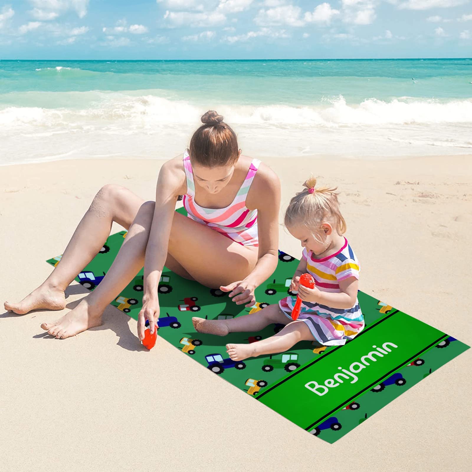 Custom Personalized Cute Tractors Green Beach Towel with Name - 30x60 Inch Large Pool Towel for Women, Men, Kids - Perfect for Beach, Pool, Picnic & Outdoor Activities