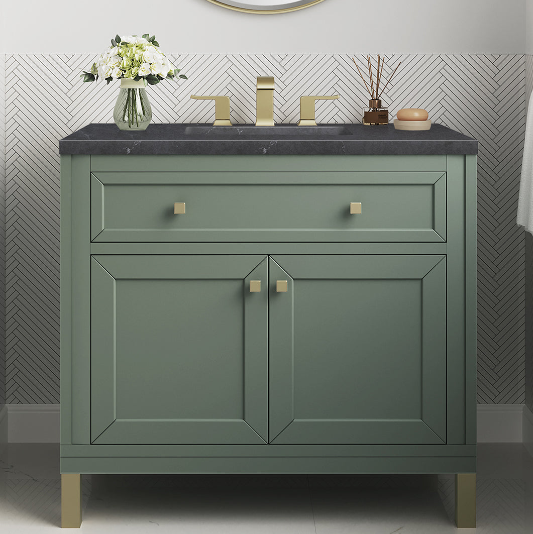 James Martin Vanities Chicago Collection 36 Inch Single Bathroom Vanity in Smokey Celadon with Countertop Options - Modern Farmhouse Style for Small Bathrooms & Powder Rooms