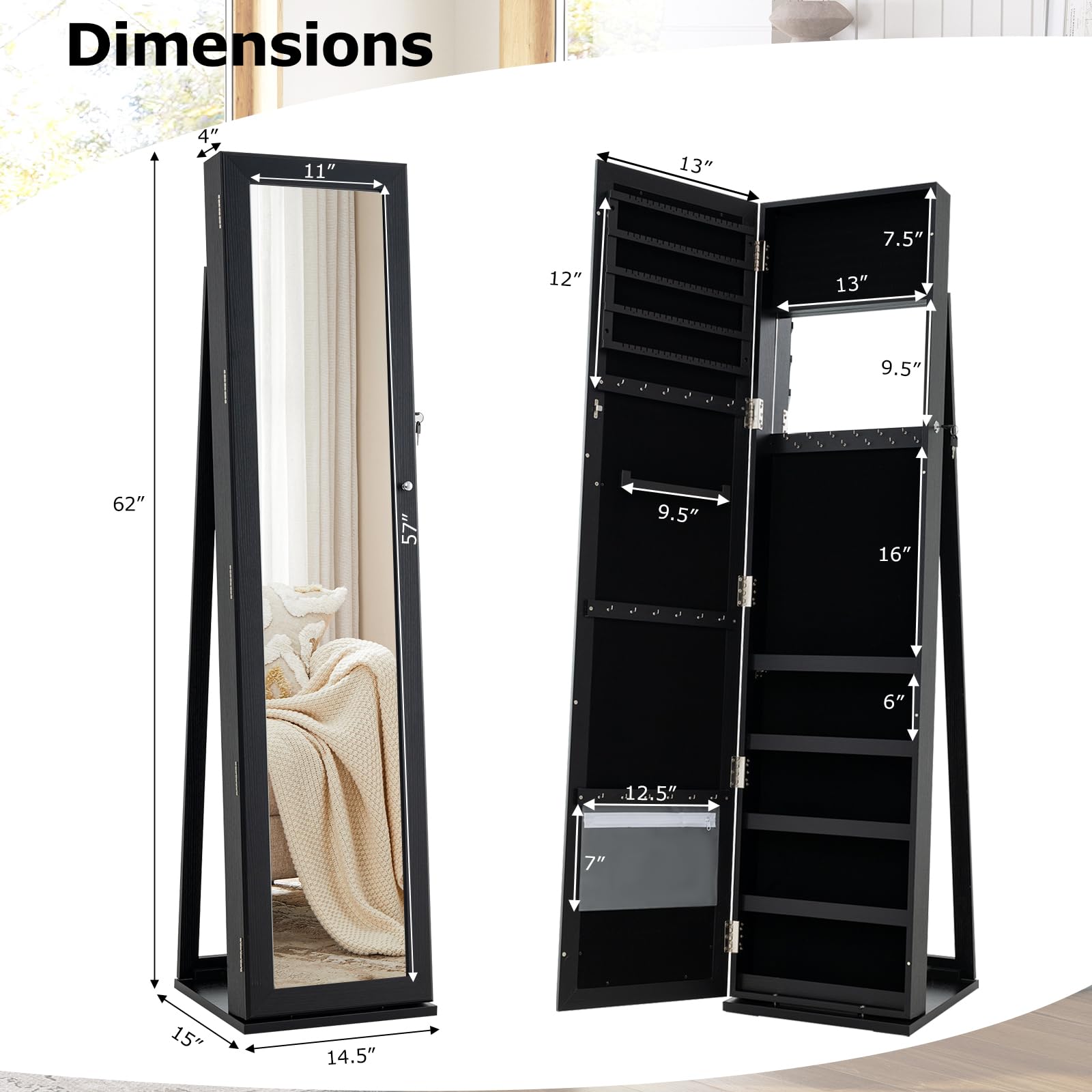Charmaid Jewelry Armoire Cabinet with Full-Length Mirror - 62