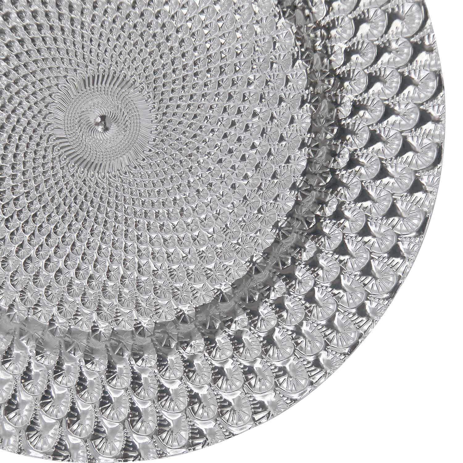 WELMATCH Silver Plastic Peacock Charger Plates - Set of 12, 13 Inch Round Decorative Dinner Plates for Wedding, Party, and Special Events (Peacock Silver)