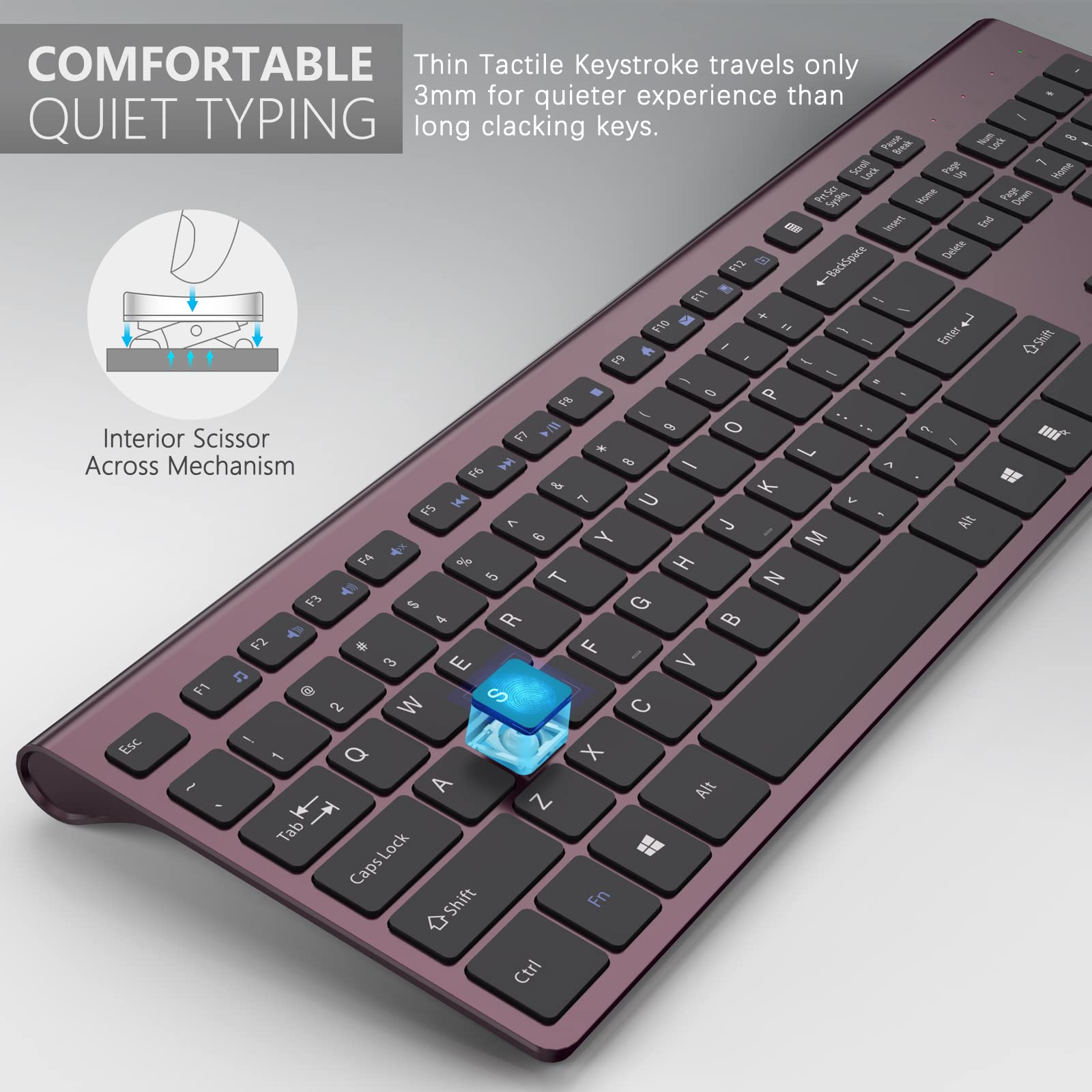 Rechargeable Wireless Keyboard - Silent Full Size with Numeric Pad for PC/Laptop/TV (Wine Red) - Home & Office Use