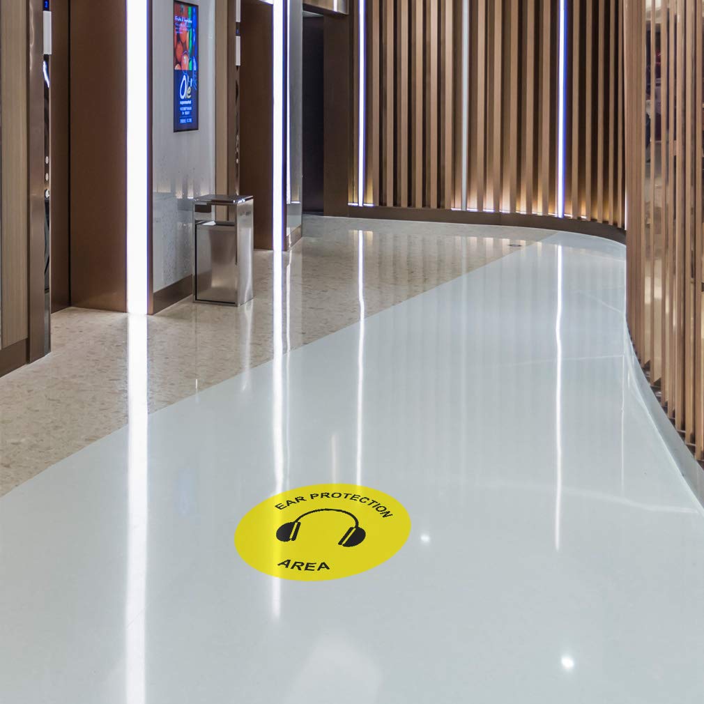 36-Inch Yellow Anti-Slip Round Floor Decals for Ear Protection - Industrial & Craft Safety Signs - Perfect for Warehouses, Factories, and Workshops
