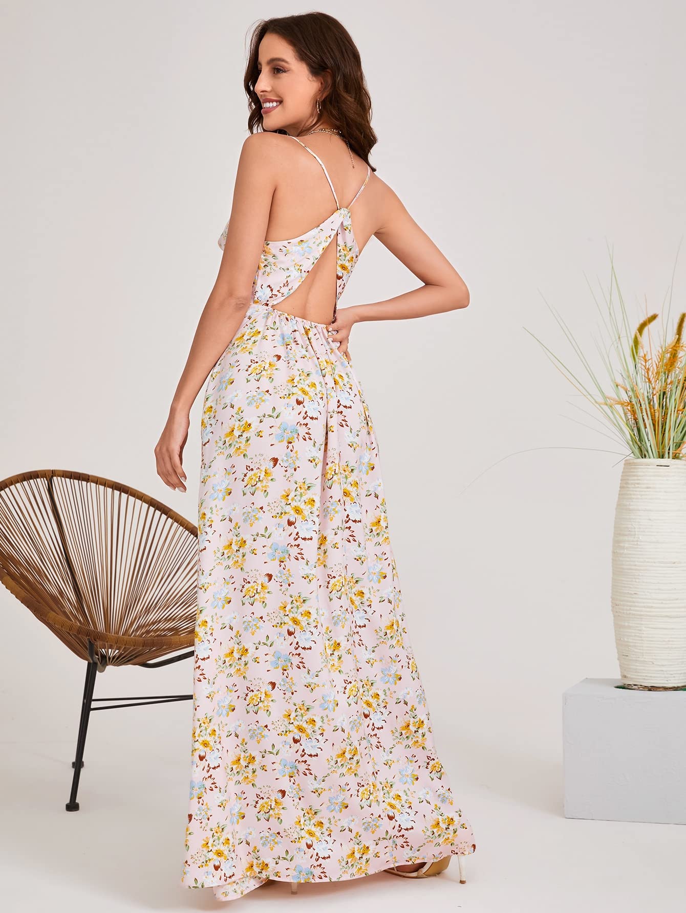 Elegant Floral Print Backless Split Thigh Midi Dress for Women - Summer Party, Beach Vacation & Date Night Outfit (Multicolor, X-Large)