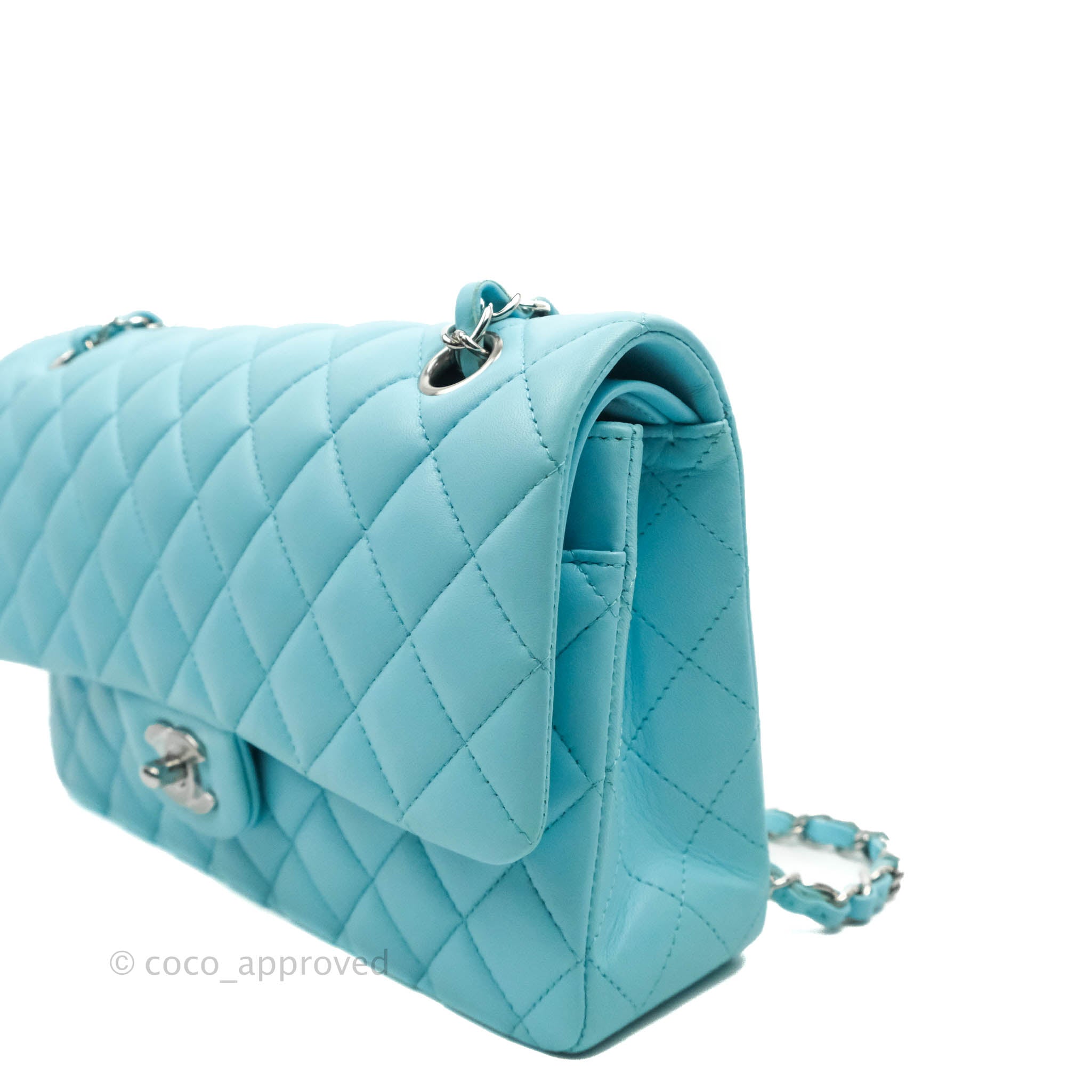Chanel Classic Medium Double Flap Bag in Tiffany Neon Blue Lambskin with Silver Hardware 21S Collection - Perfect for Evening Events & Luxury Fashion Accessories