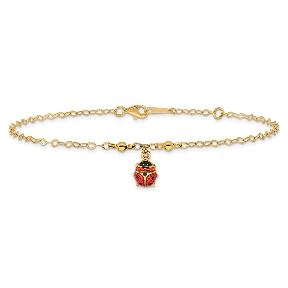 14K Yellow Gold Adjustable Ladybug Enamel Anklet - 10 Inch Cute Charm Ankle Bracelet for Women & Girls - Perfect for Summer, Beach, and Everyday Wear