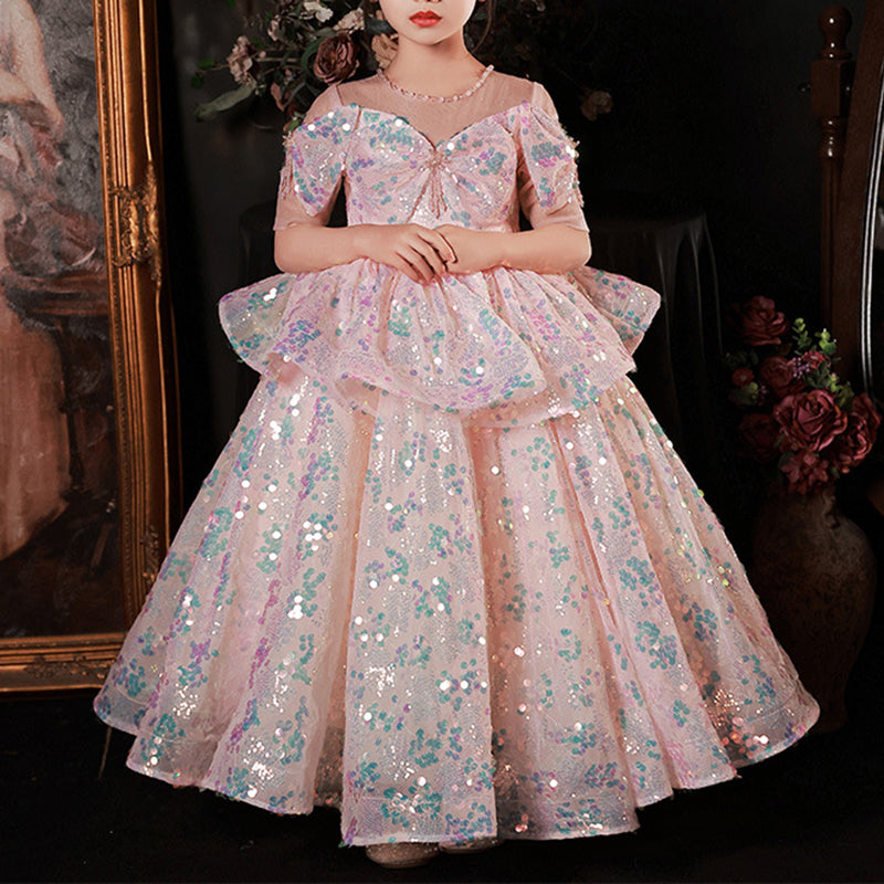 Sparkly Pink Sequin Flower Girl Dress with Short Sleeves - A-Line Floor-Length Formal Gown for Weddings, Pageants & Special Occasions