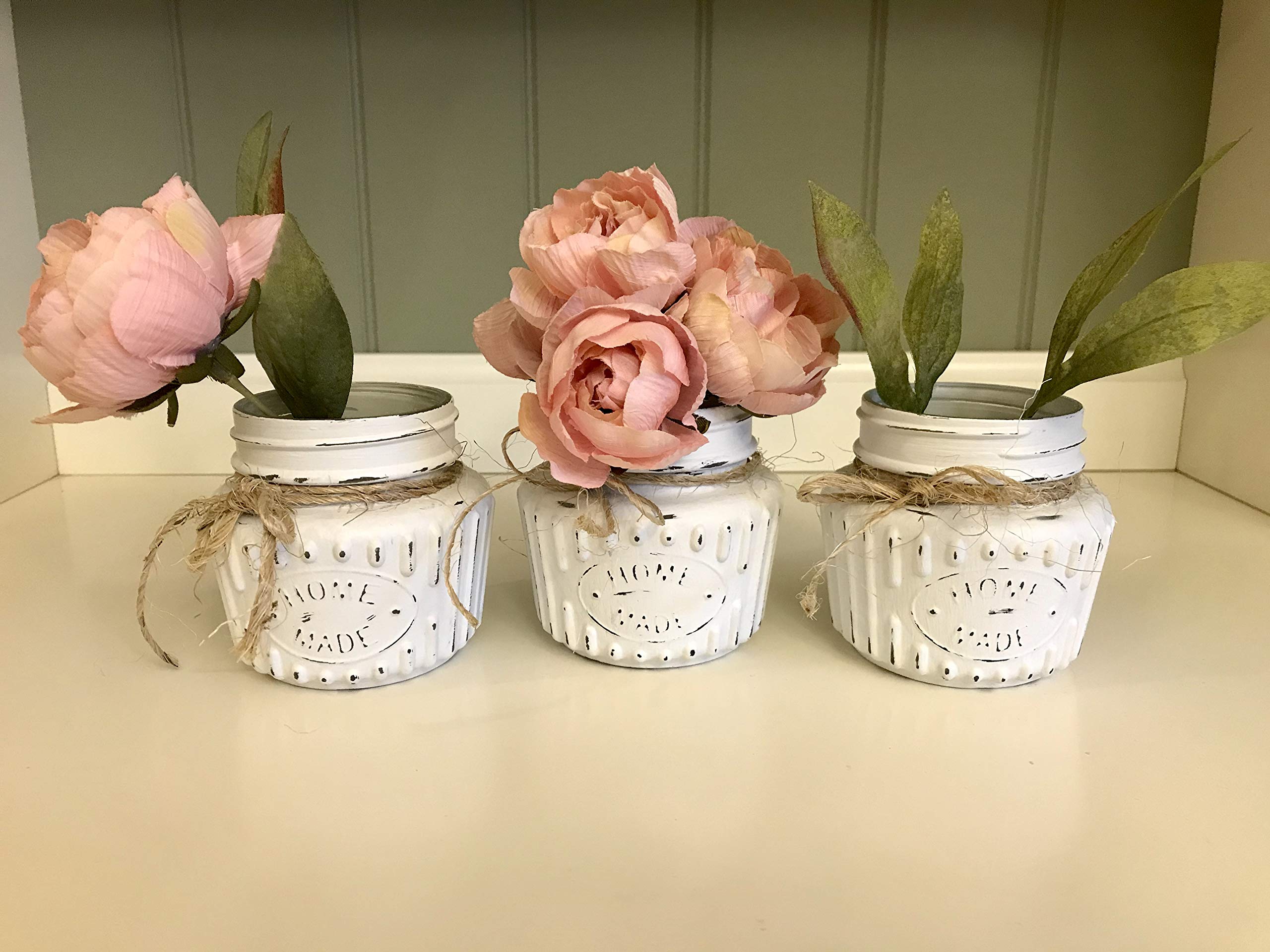 Distressed Linen White Chalk Painted Jars - Set of 3 (8 oz Each) for Farmhouse Decor, Rustic Wedding Centerpieces & DIY Home Organization