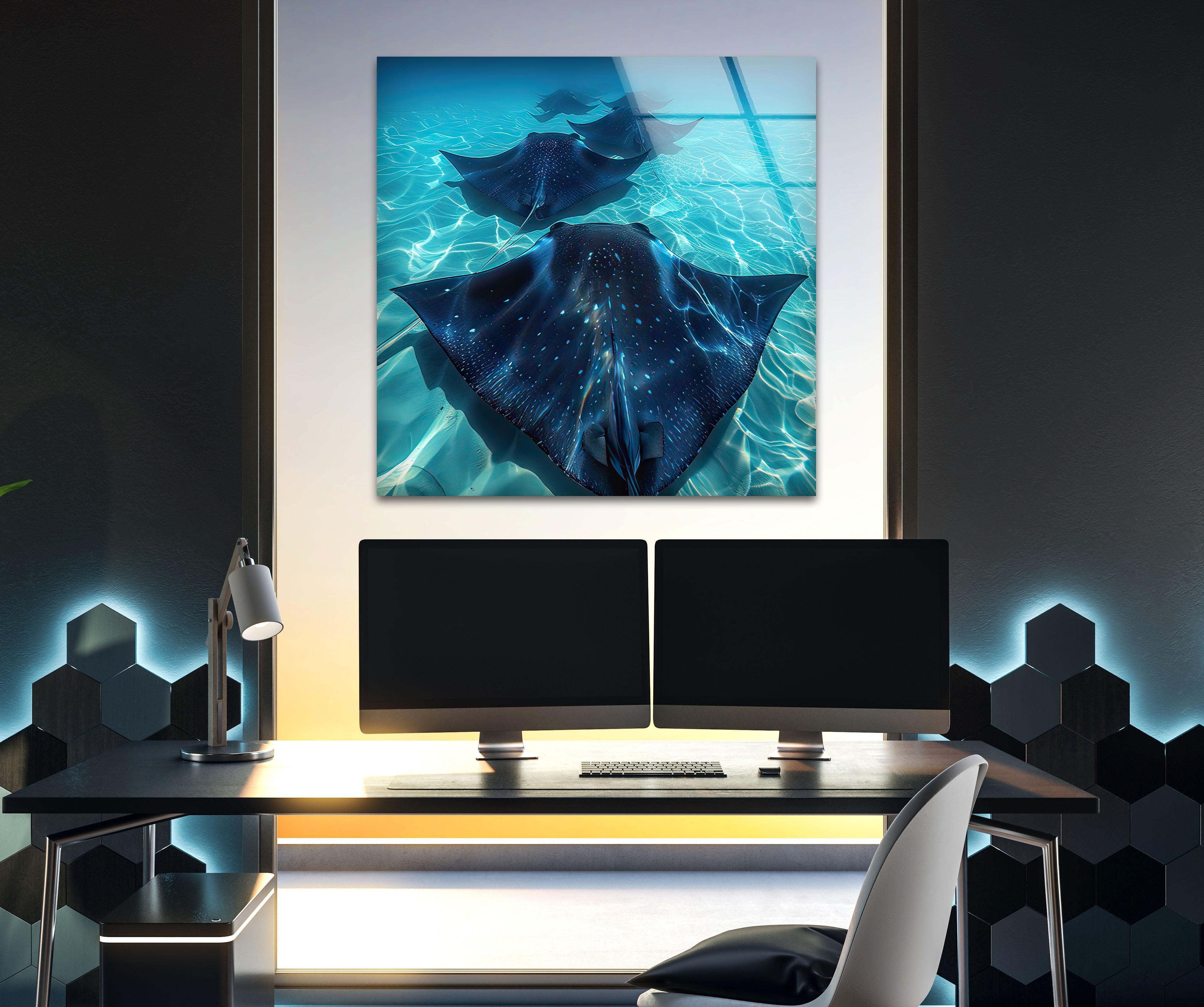 Blue Manta Ray Glass Wall Art - Handcrafted Ocean Themed Decor for Living Room, Bedroom & Office - Perfect Coastal Home Decor Gift
