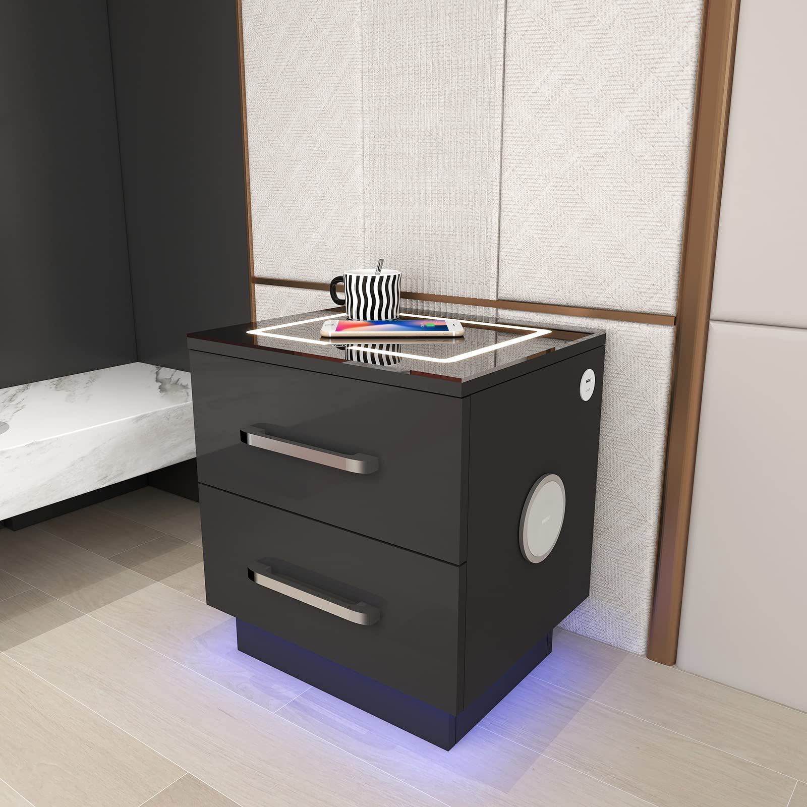 PHOYAL Nightstand with Wireless Charging & USB Ports - Wooden Bedside Table with Smart Storage, Adjustable LED Light Strip (3 Colors) - Perfect for Bedroom, Living Room & Office Use