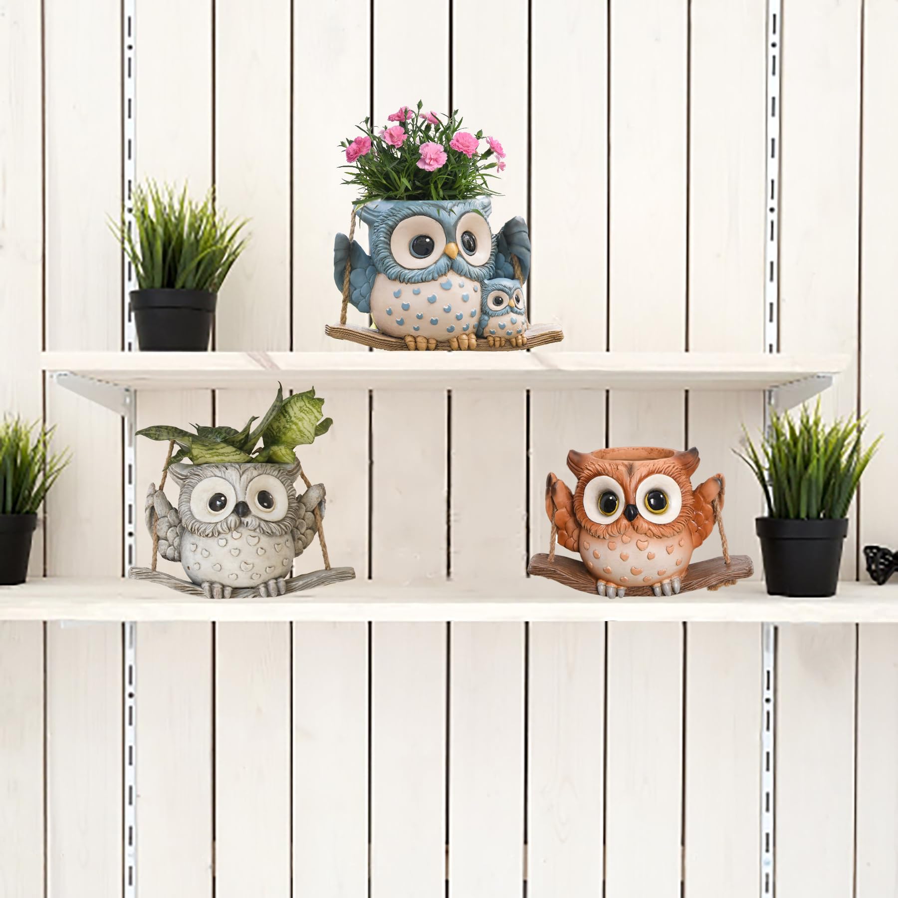 Swing Owl Hanging Planters for Indoor & Outdoor Plants - Small Succulent Pots with Drainage Hole - Unique Resin Plant Hangers for String of Pearls - Perfect Mother's Day Gift Idea for Home, Garden, and Balcony Decor