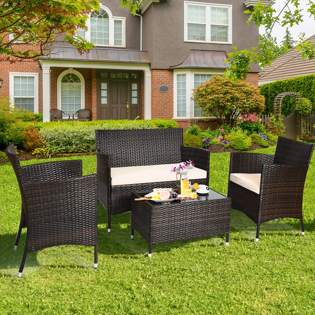 ARLIME 4-Piece All-Weather Wicker Patio Furniture Set - Outdoor Rattan Sofa Sectional with Thick Cushions & Glass Coffee Table - Brown Garden Conversation Set for Backyard, Poolside & Terrace Relaxation