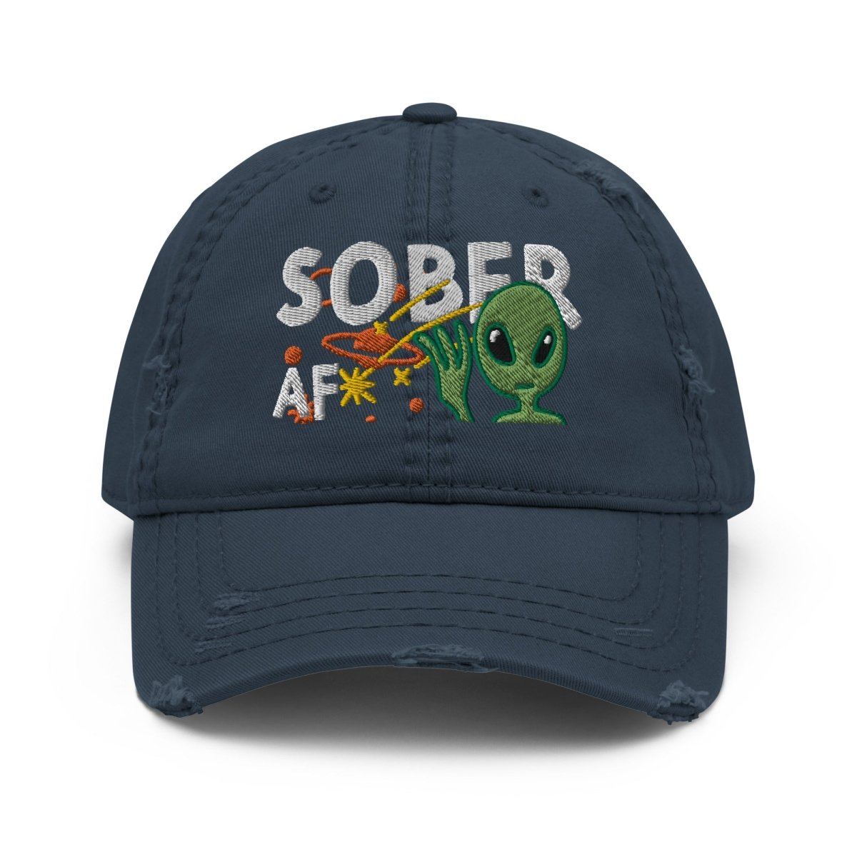 Sober AF Embroidered Distressed Dad Hat - Galactic Sobriety Cap for Men & Women - Perfect for Recovery, AA Meetings & Sober Living