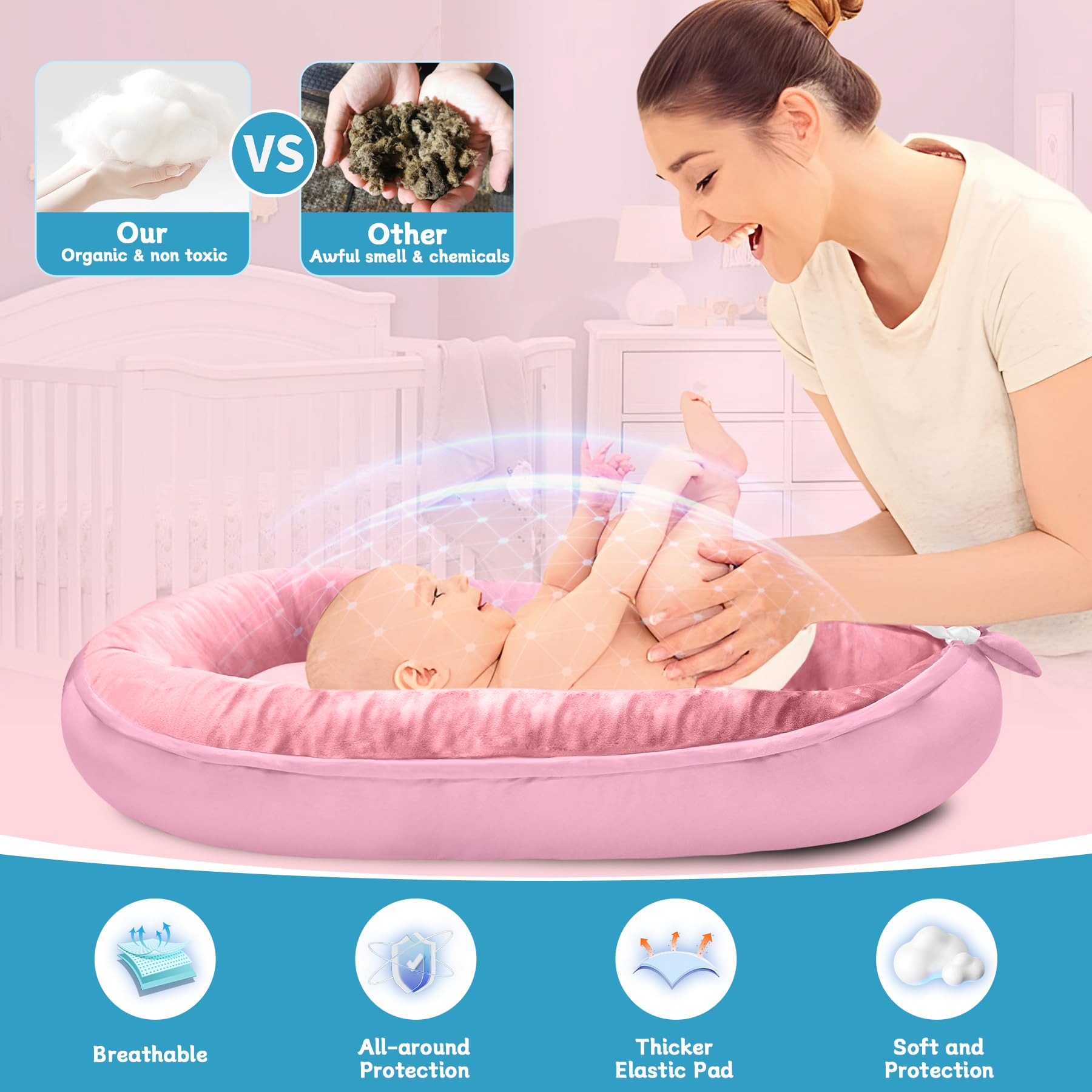 **Baby Lounger for Newborn 0-24 Months | Adjustable Portable Infant Lounger with Breathable 100% Cotton & Velvet Cover | Co-Sleeper for Bed | Perfect Baby Shower Gift & Nursery Essential | Ideal for Napping, Travel & Safe Co-Sleeping**