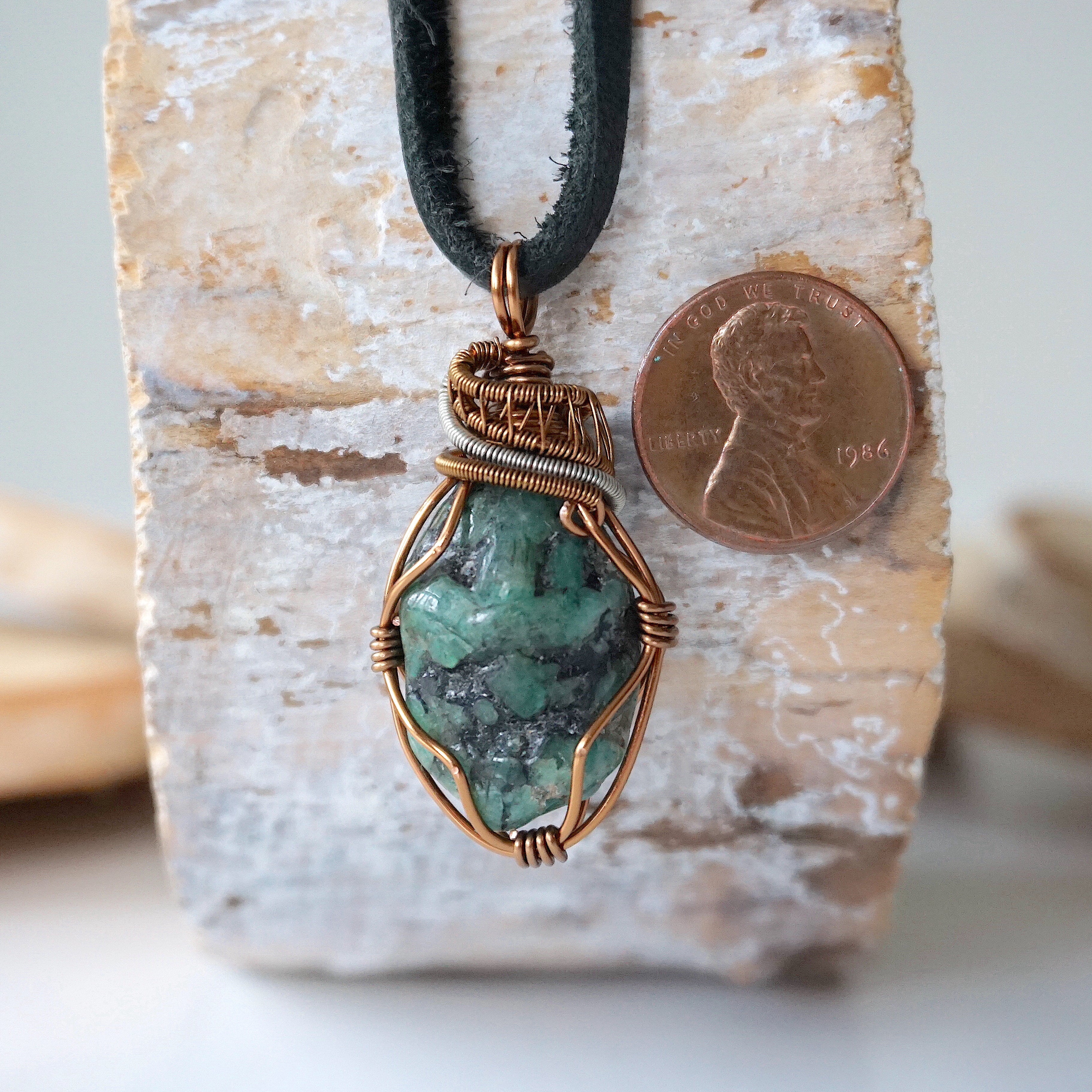 Handmade Men's Raw Emerald Necklace - Sterling Silver & Bronze Wire Wrapped Pendant with Black Leather Cord - Perfect for Gifts, Spiritual Healing & Boho Fashion
