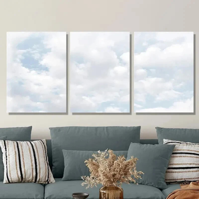 3Pcs Blue Sky Cloud Painting - Natural Cloud Metal Wall Art Prints Ready to Hang - Perfect for Living Room, Bedroom & Office Decor