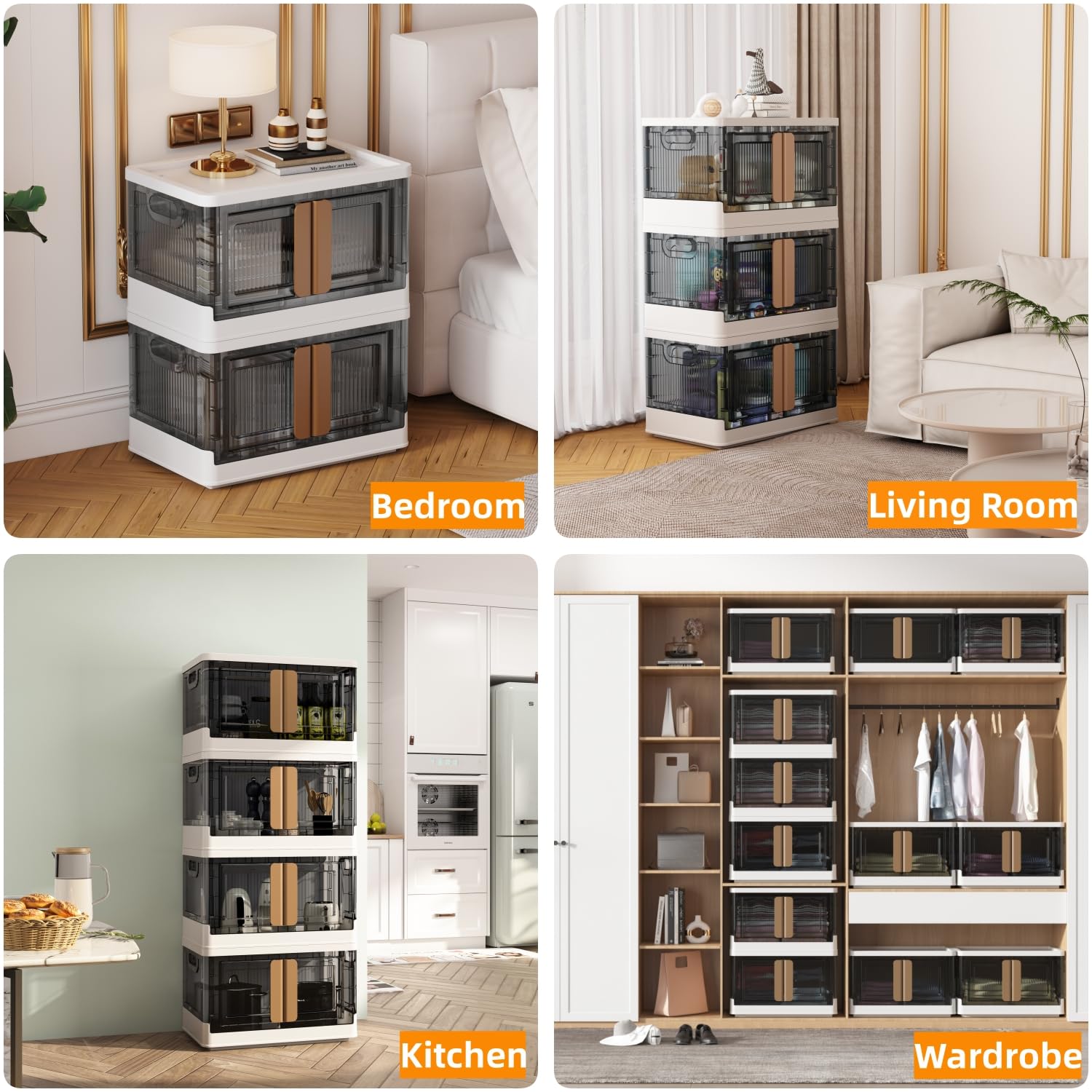 Foldable Storage Bins with Lids - 8.5 Gallon Stackable Closet Organizer Bins, Open Front Door Collapsible Storage Boxes (4-Pack) for Home, Office & Garage Organization