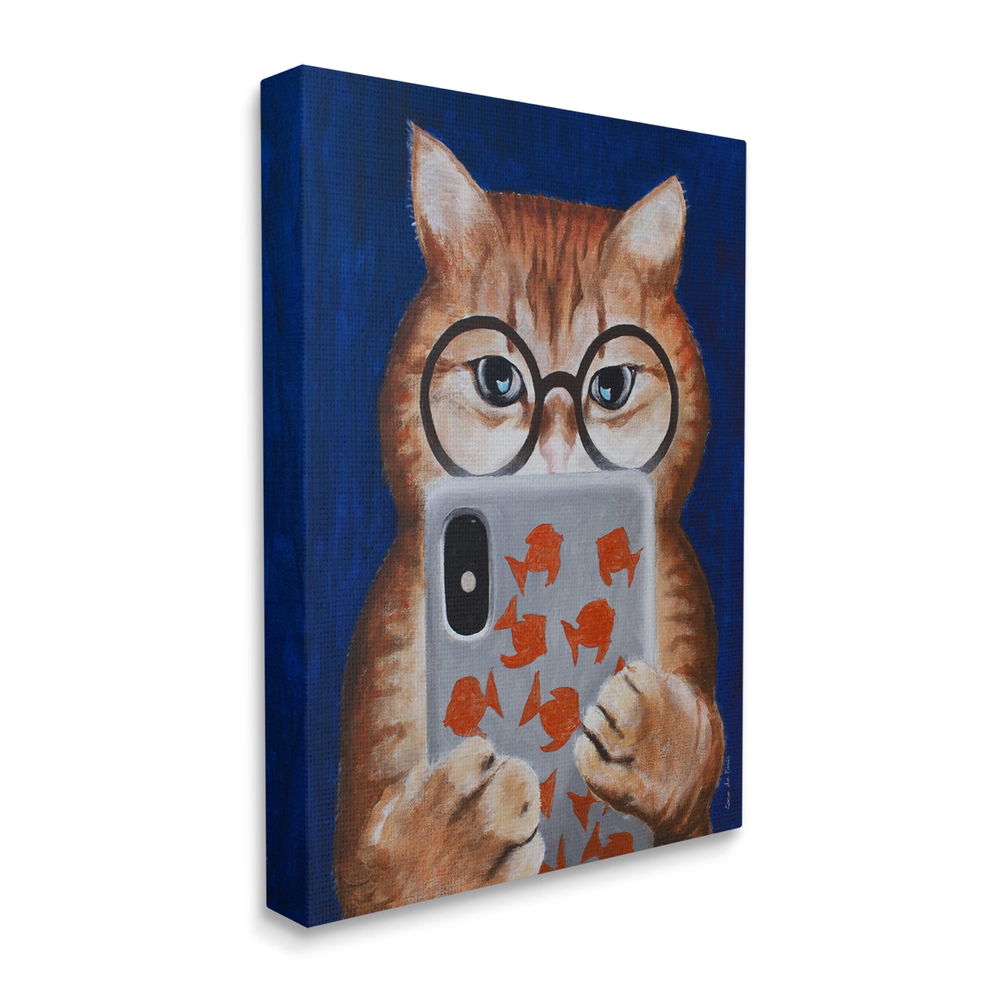 Stupell Industries Funny Cat Illustration - Texting with Glasses by Coco de Paris | Whimsical Wall Art for Living Room, Bedroom & Office Decor