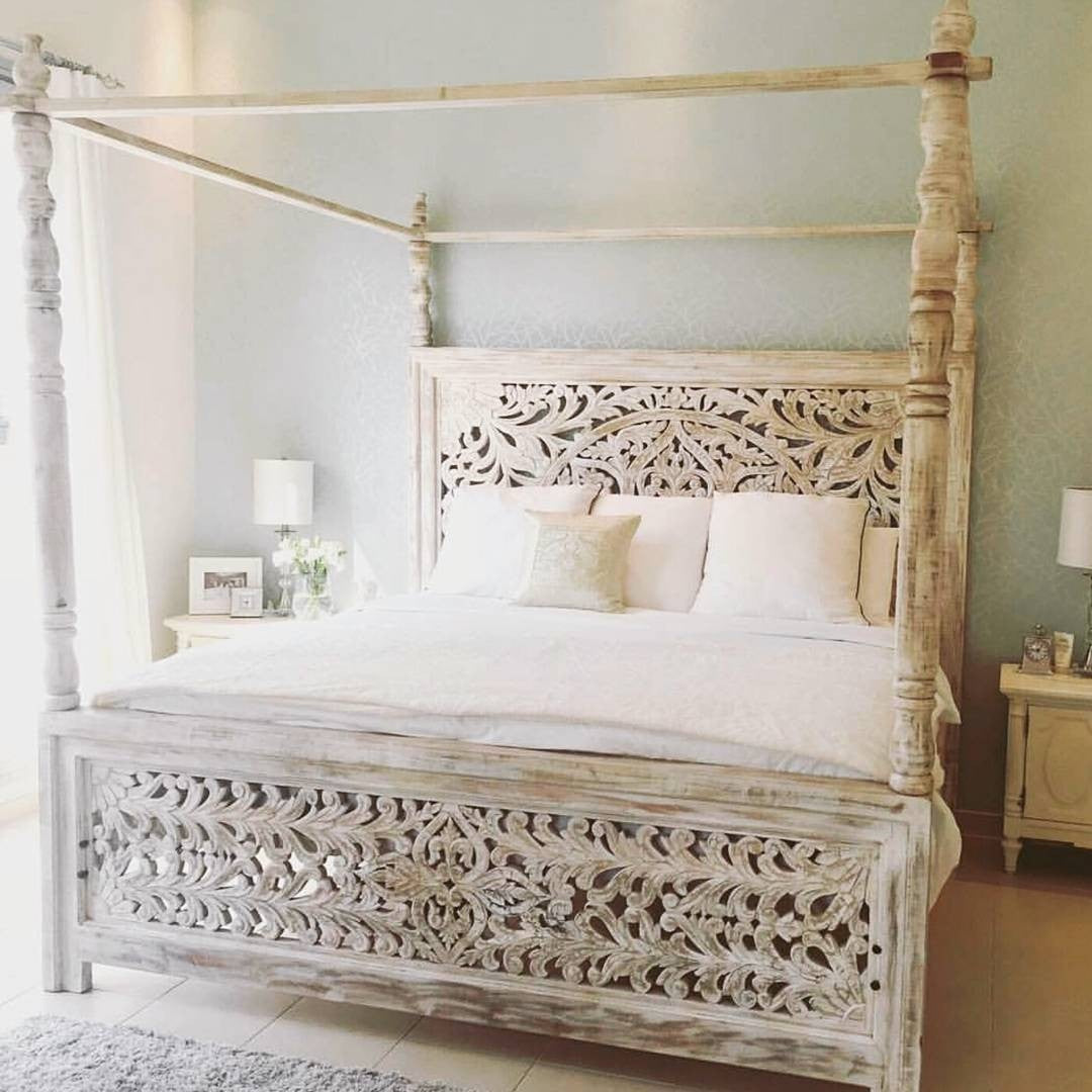 Hand Carved Indian Wooden 4 Poster Bed Frame - Queen Size White Finish - Vintage Boho Bedroom Furniture for Master Bedroom or Guest Room
