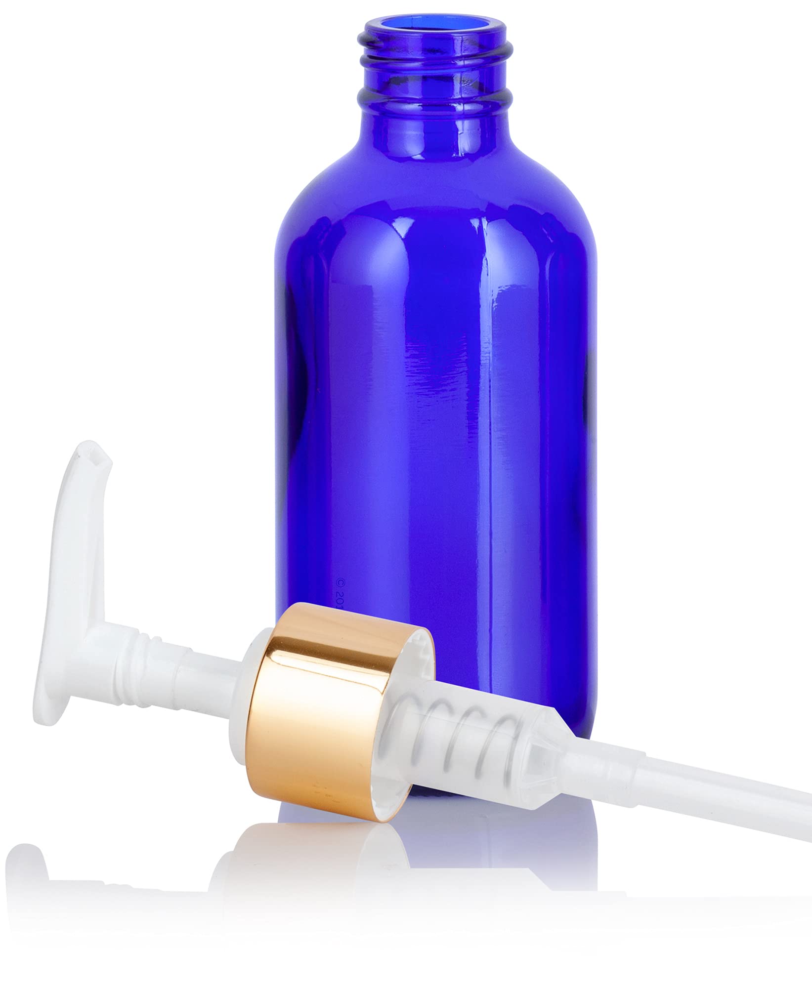 (12 Pack) 4 oz Cobalt Blue Glass Boston Round Bottle with Gold Lotion Pump & Funnel - Perfect for Essential Oils, DIY Skincare, and Hand Sanitizer Dispensers