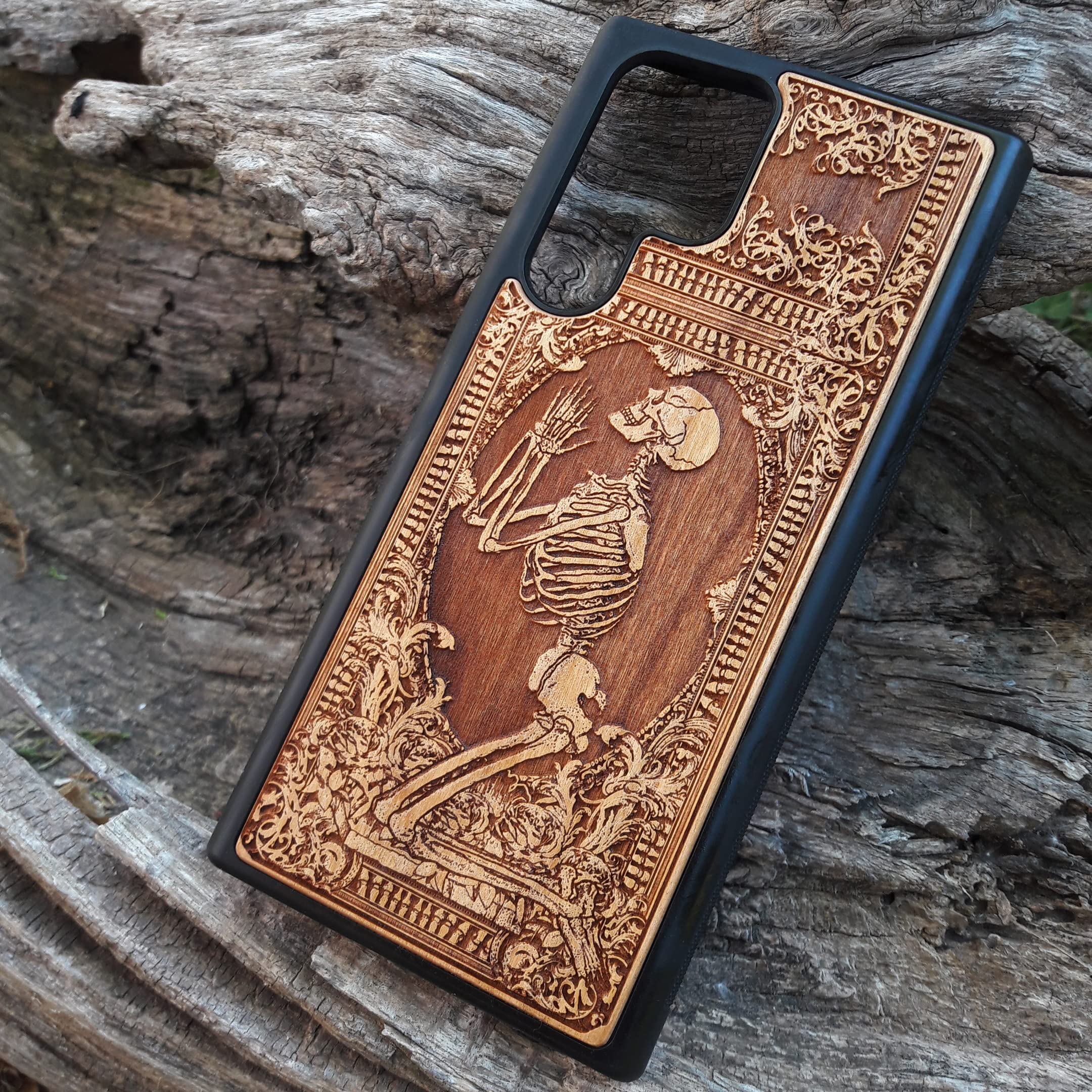 Praying Skeleton Laser Engraved Wooden Phone Case - Compatible with iPhone 16/15/14/13/12/11 Pro Max/Mini & Galaxy S25/S24/S23/S22/S21/S20 Ultra Plus - Eco-Friendly Slim Durable Wood Cover - Perfect for Halloween, Gothic Style & Nature Lovers