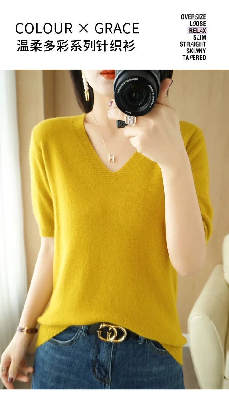 Solid Color V-Neck Half-Sleeve Cashmere Sweater for Women - Soft Thin Knit Casual Top for Office Wear & Fall Layering