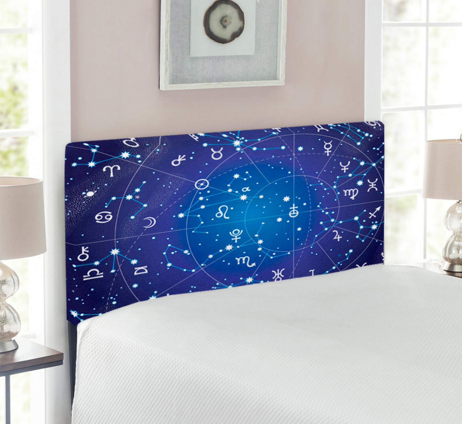 Ambesonne Astrology Headboard - Zodiac Constellation & Planets Celestial Design Upholstered Metal Bed Frame with Memory Foam | Twin Size Dark Blue | Perfect for Bedroom Decor, Stargazing Lovers & Celestial Themed Interiors