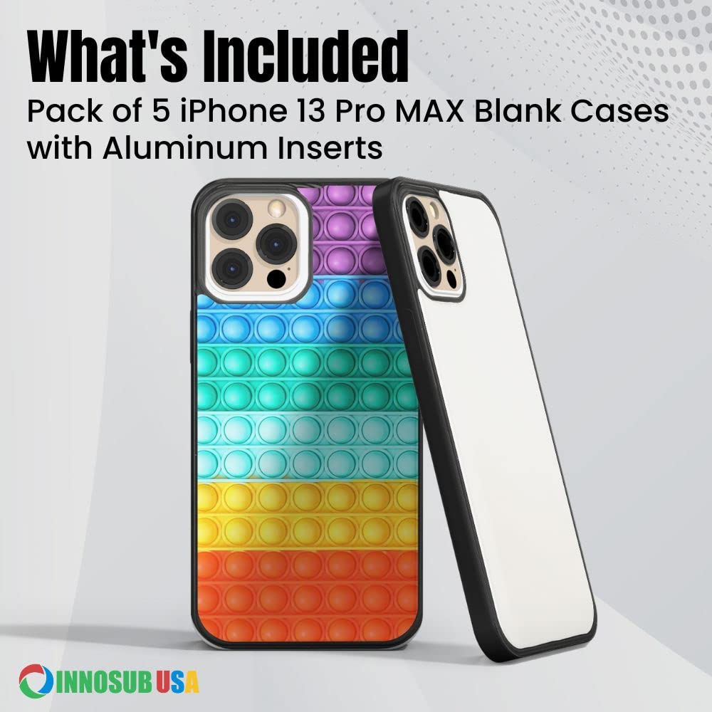 [5 Pack] Sublimation Phone Cases for iPhone 13 Pro MAX - Blank Rubber Black Dye-Sublimation Covers with Aluminum Inserts | Printable Phone Case Blanks for Custom Designs | Perfect for DIY Gifts, Personalized Accessories & Small Business Merchandise