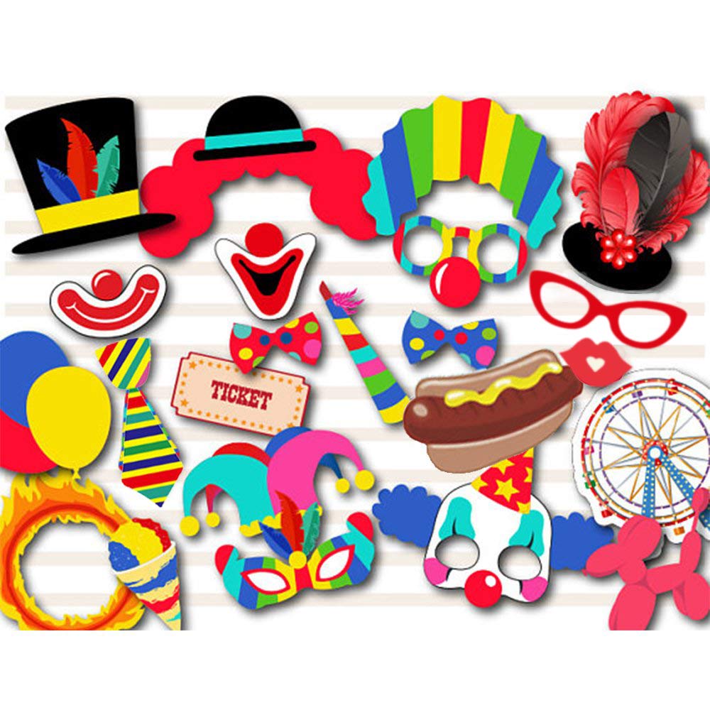 Circus Carnival Birthday Photo Booth Props Kit - 24Pcs Fun Party Favors for Birthday, Bachelorette & Baby Shower - Wooden Stick Dress-up Accessories for Carnival Themed Events & Social Media Photos