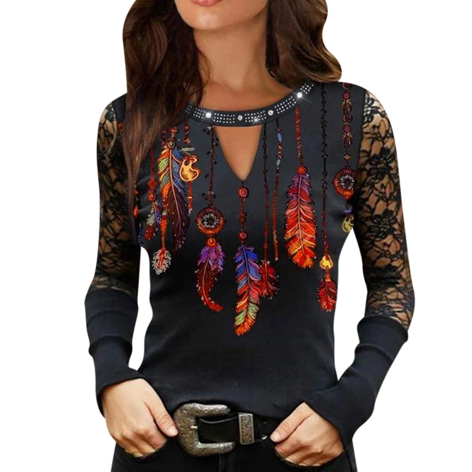 Elegant Long Sleeve Blouse for Women - Spring Lace Rhinestone Tunic Top with O-Neck | Casual Pullover Shirt for Office, Date Night & Special Occasions