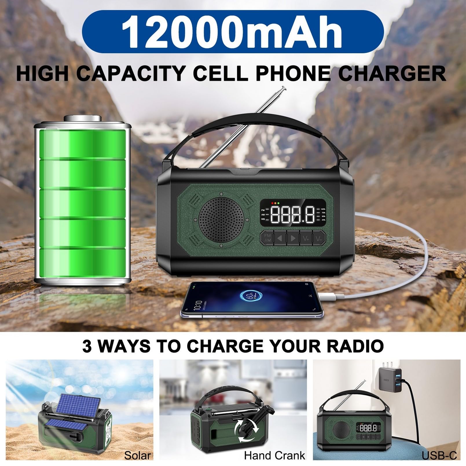 44400mWh Hand Crank Emergency Weather Radio with Solar Power - 12000mAh Portable NOAA/AM/FM Radio, Flashlight, Phone Charger, SOS Alarm & Compass - Perfect for Camping, Hiking and Emergency Preparedness (Grass Green)