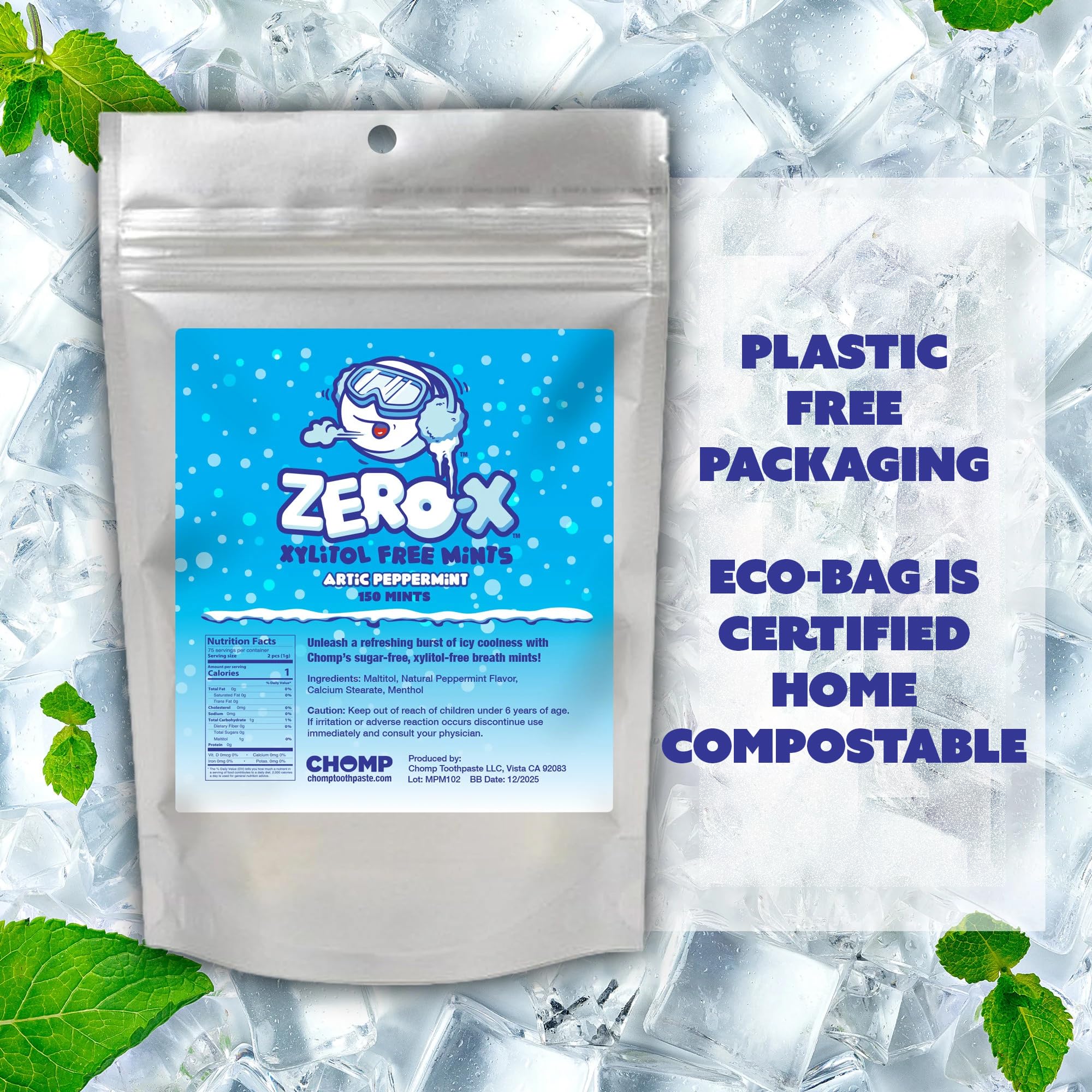 Chomp Zero-X Xylitol-Free Peppermint Breath Mints - 150 Count Sugar-Free Mints for Fresh Breath - Perfect for Travel, Office & After Meals