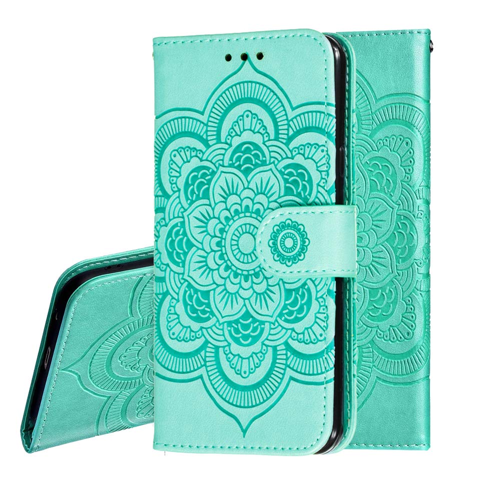 OOPKINS Samsung A02 Case PU Leather Mandala Embossed Flip Wallet Phone Cover with Card Slot & Magnetic Stand - Compatible with Samsung Galaxy M02 - Perfect for Work, Travel & Daily Protection (Mandala Green)