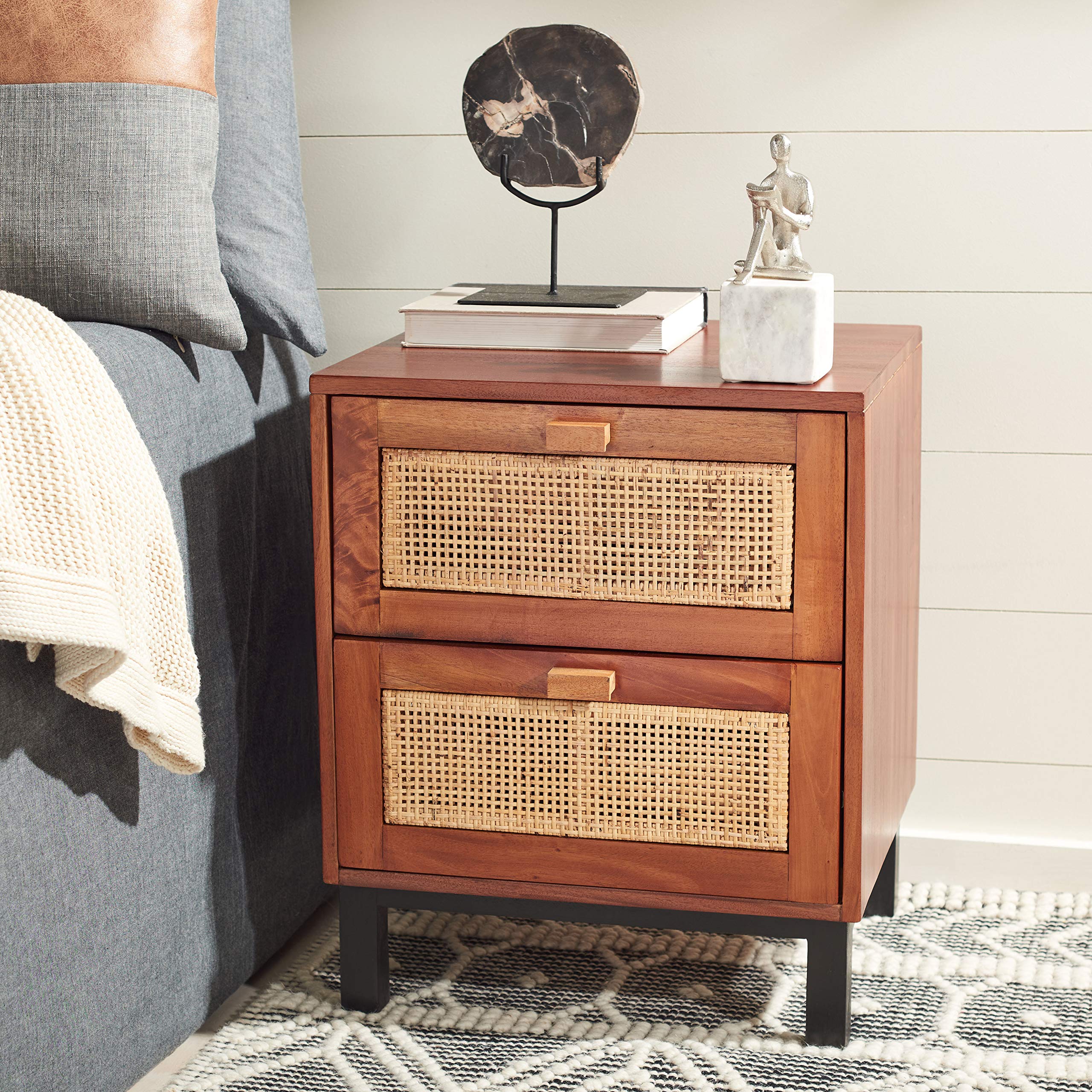 Safavieh Home Collection Erica Rattan 2-Drawer Nightstand - Natural & Black Finish - Bedside Table for Bedroom, Living Room, or Office Storage