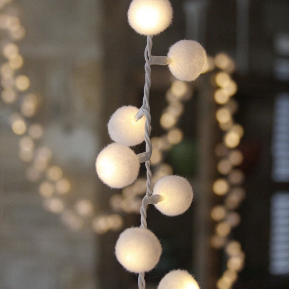 Cozy Warm White Pom Pom String Lights - 20ft 50 LED Fairy Lights for Bedroom, Wedding, Party Decor - Indoor & Outdoor Use