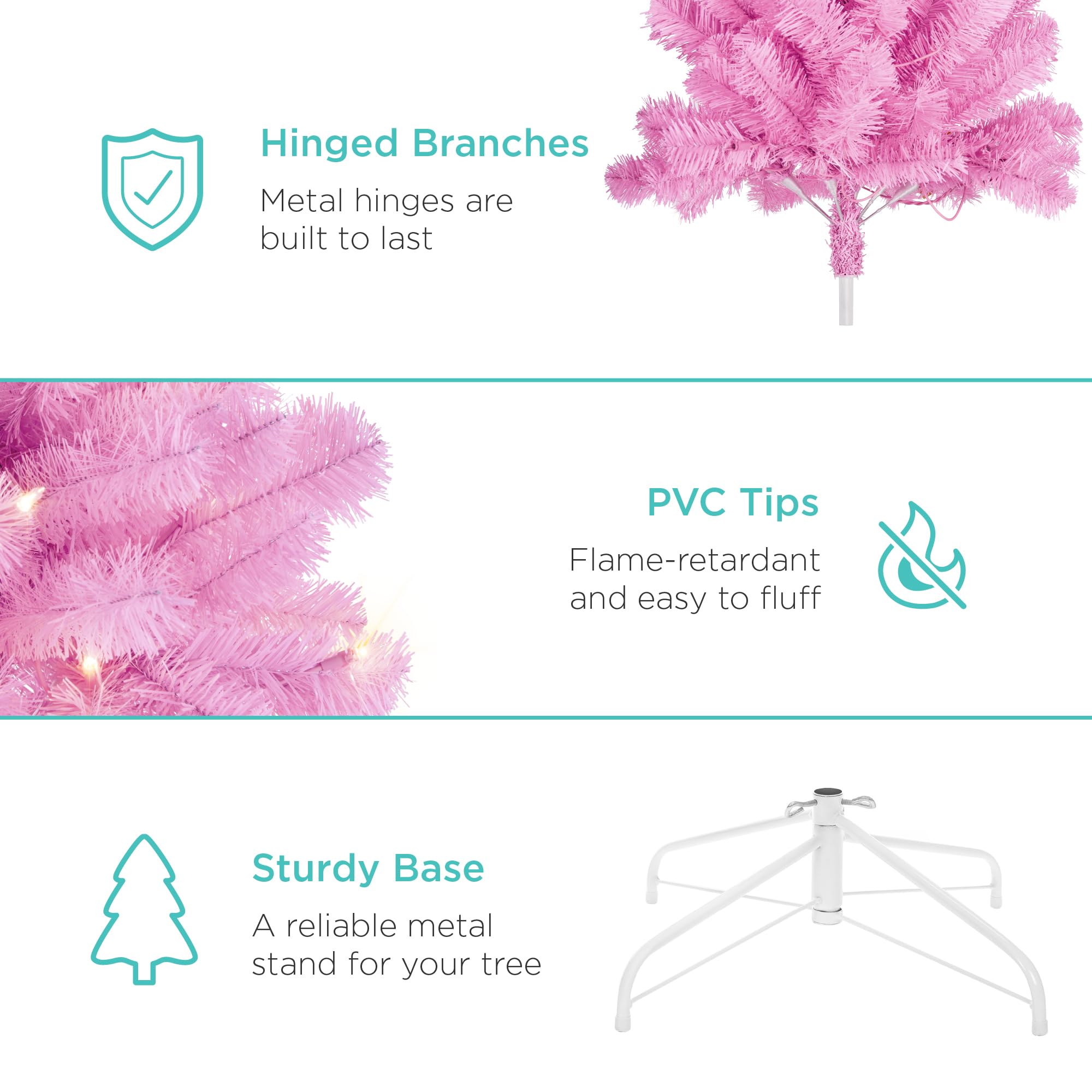 Best Choice Products 6ft Pre-Lit Pink Artificial Christmas Tree with 250 LED Lights - 947 Branch Tips, Metal Hinges & Foldable Base - Perfect for Home, Office, Party & Holiday Decorations