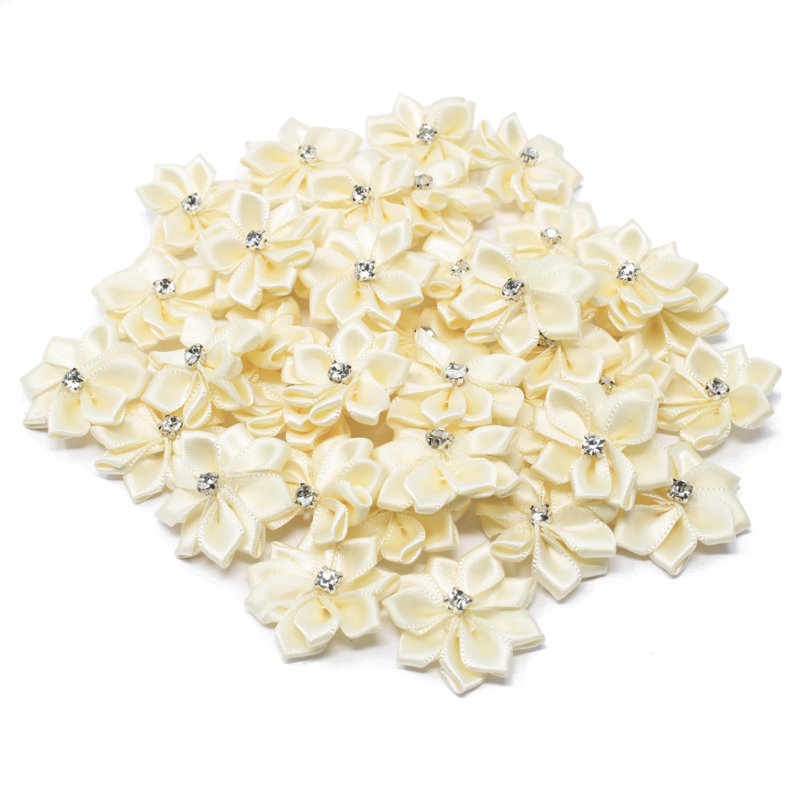 25mm Ivory Satin Ribbon Flowers with Rhinestone Center - Pack of 25 for DIY Crafts, Wedding Decorations, Hair Accessories & Gift Wrapping