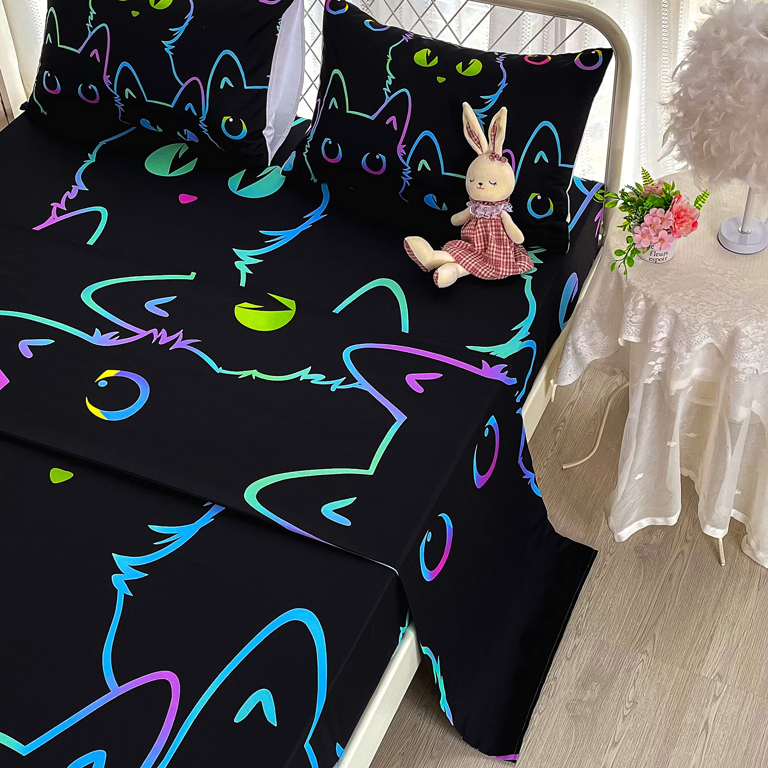 Cute Cartoon Cat Bed Sheets Set Queen Size - Simple Strokes Animal Print Kids Bedding with Pillowcase, 16