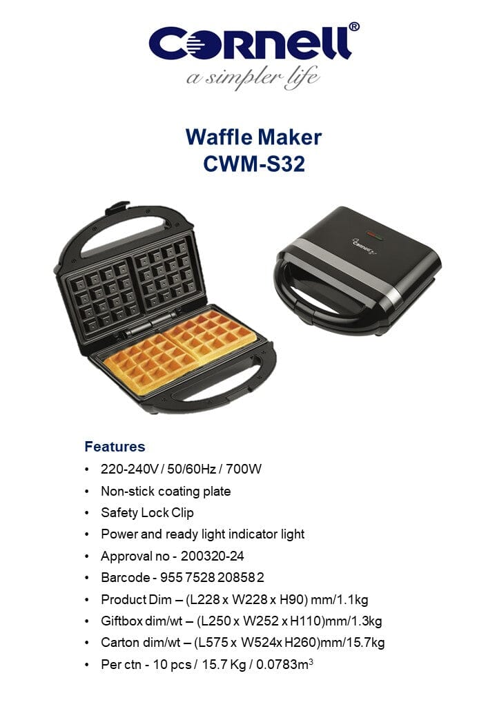Cornell Waffle Maker CWM S32 - Professional Belgian Waffle Iron with Non-Stick Plates for Perfect Homemade Waffles - Ideal for Breakfast, Brunch, and Family Gatherings