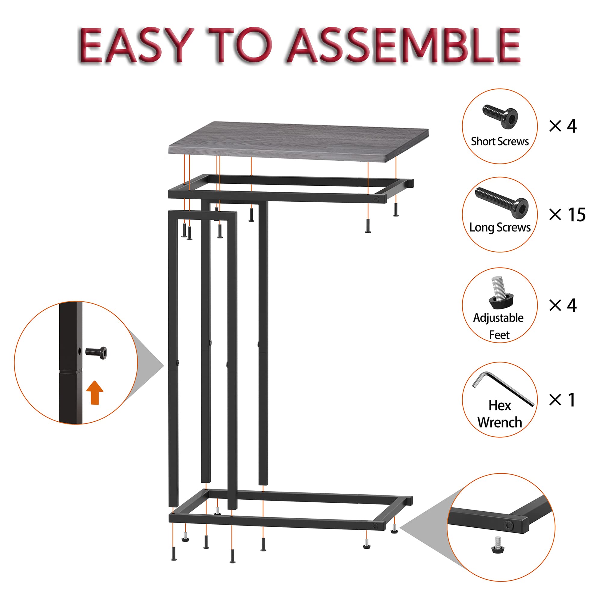 Slim Narrow C-Shaped End Table for Sofa & Bed - Slide Under Furniture, Small Space-Saving Side Table for Living Room, Bedroom, Office - Easy Assembly Grey - Perfect for Coffee, Laptop, Snacks & Reading