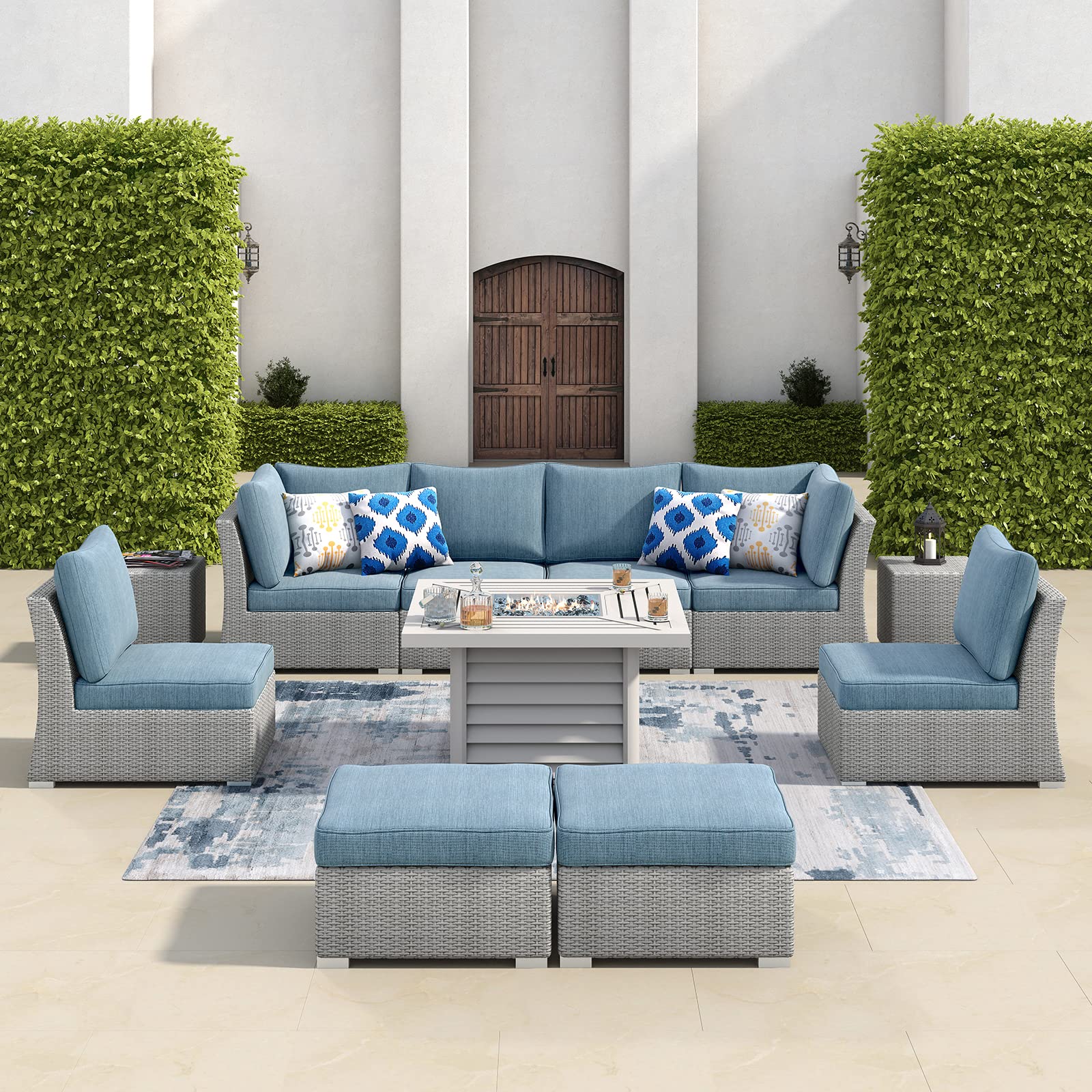 11-Piece Large Outdoor Patio Furniture Set with Fire Pit Table - 8-Seater All-Weather Wicker Conversation Set (6 Sofa Seats, 2 Ottomans & 2 Coffee Tables) for Backyard, Deck, Garden & Poolside Relaxation