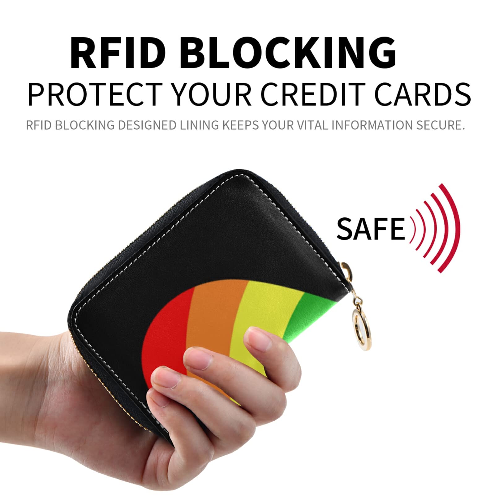 RFID Blocking Women's Leather Card Holder Wallet - Compact Seamless Rainbow Hearts Design on Black/Dark Grey, Key & Coin Organizer with Zipper - Perfect for Credit Cards, Cash, ID & Everyday Essentials (Ideal for Work, Travel & Night Out)