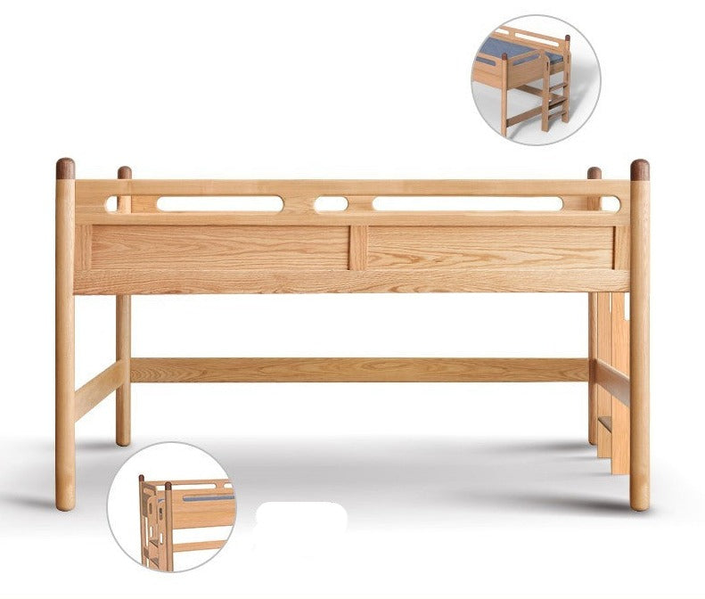 Solid Oak Wood Mid-High Bed with Slanted Ladder - Sturdy Adult Loft Bed for Small Spaces, Dorm Rooms & Modern Apartments