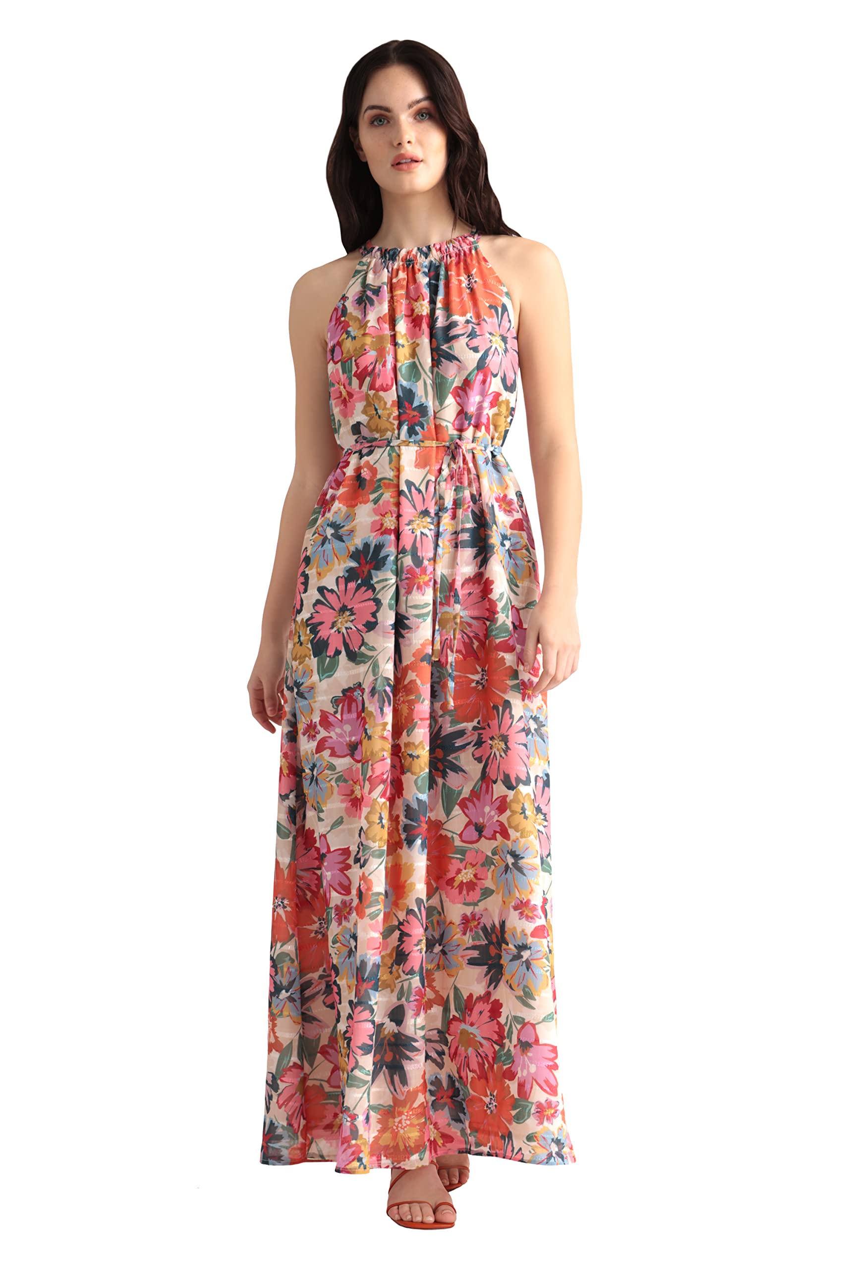 Maggy London Floral Halter Maxi Dress with Waist Tie for Summer Beach
