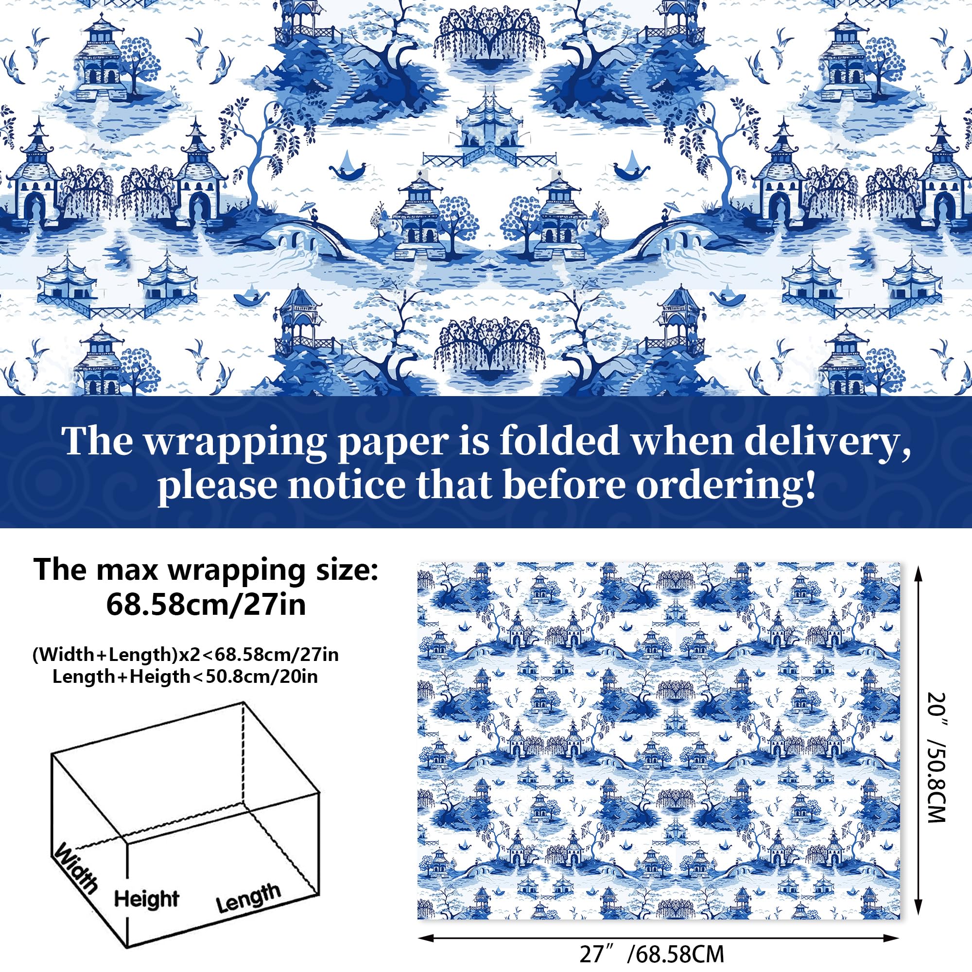 Bolsome 12 Sheets 27x20 Inch Blue White Peony Porcelain Chinoiserie Wrapping Paper - Oriental Aesthetic Gift Wrap for Birthday, Wedding, Bridal Shower, DIY Crafts | Perfect for Gift Packaging, Scrapbooking, and Home Decor