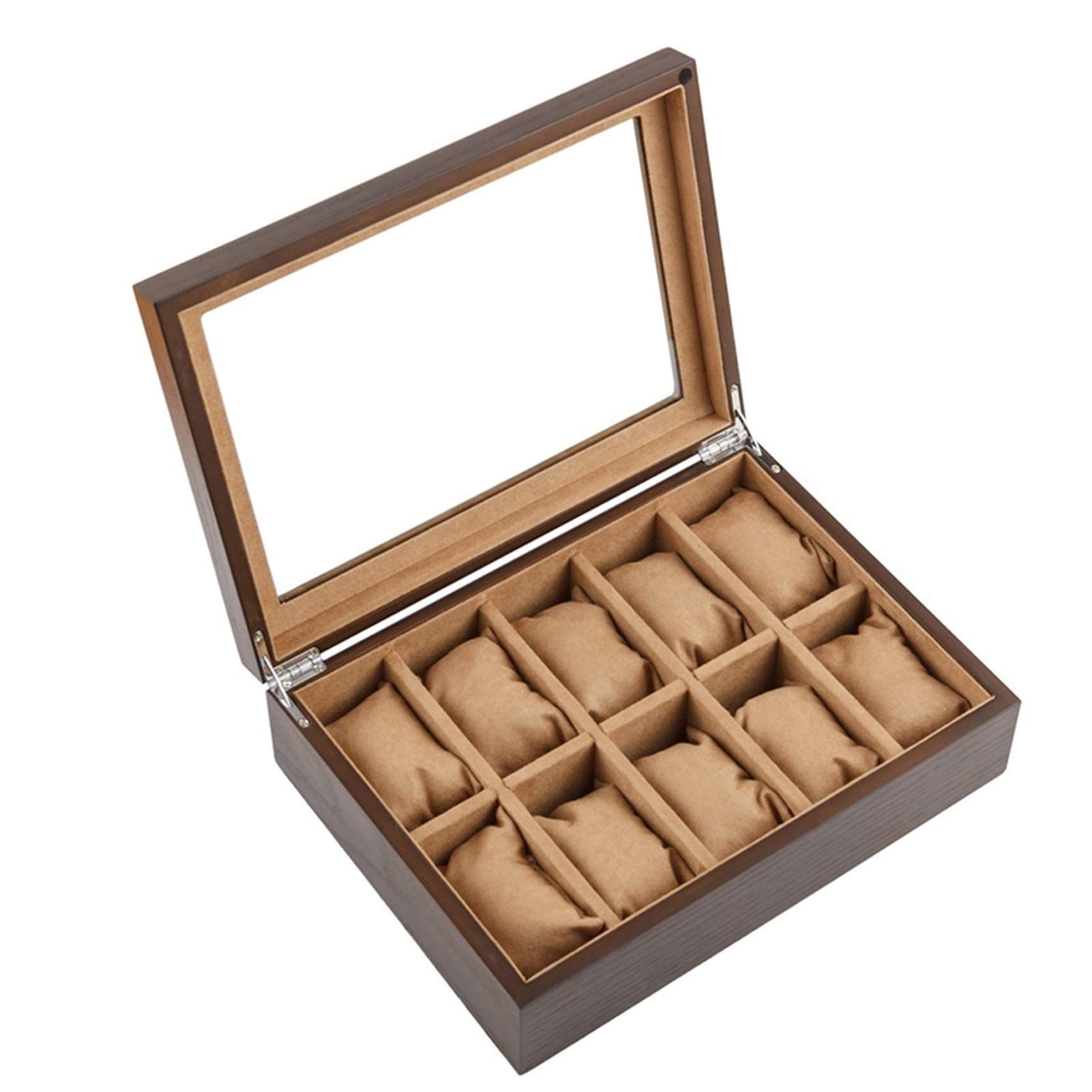 10-Slot Leather Watch Display & Storage Box for Men & Women - Glass Top Jewelry Organizer Case for Watches & Accessories - Perfect for Home, Office, or Travel Organization
