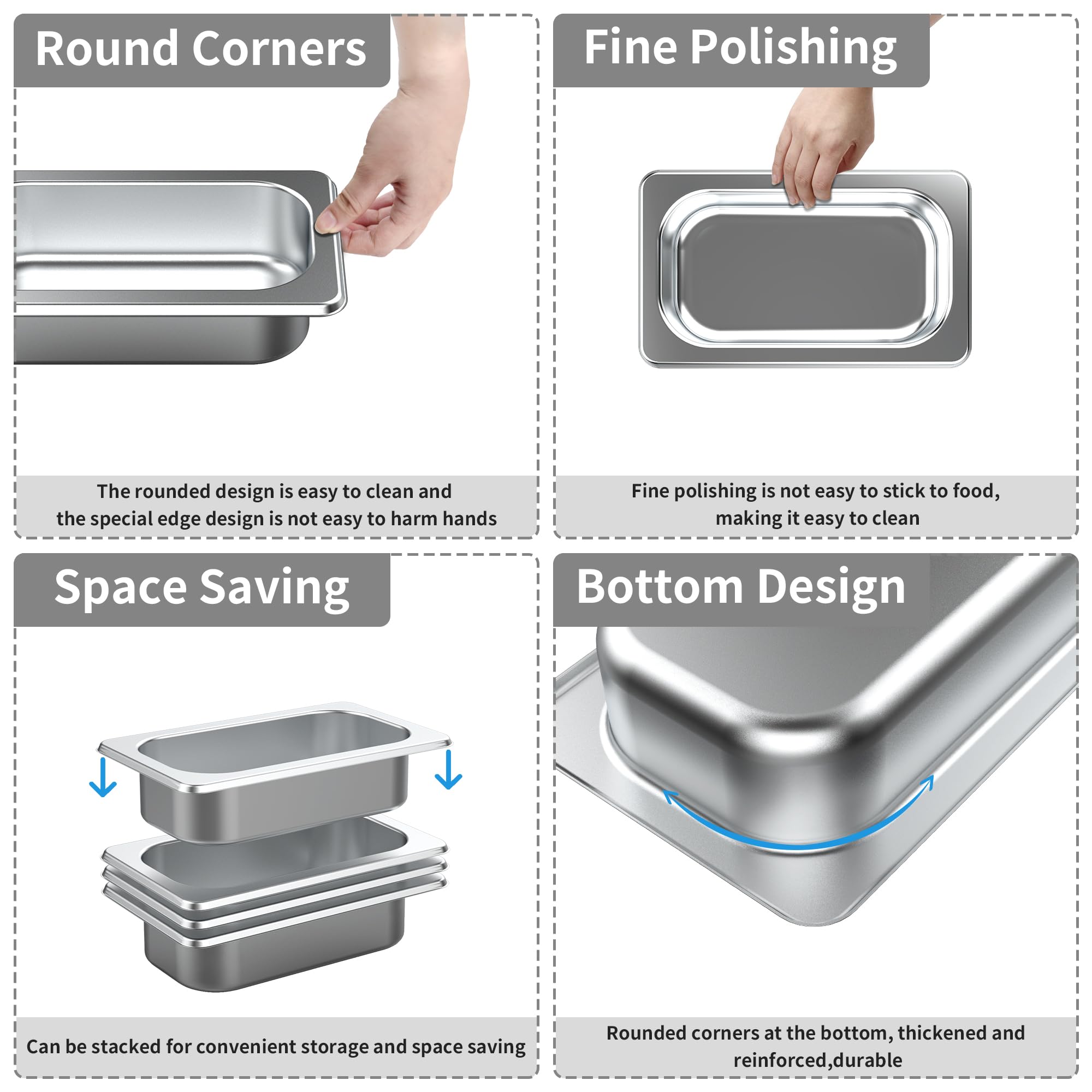 6 Pack Stainless Steel 1/4 Size Hotel Pans with Lids - 4 Inch Deep Commercial Food Steam Table Pans for Buffet Catering, Restaurant Kitchen & Food Service - Perfect for Food Storage, Meal Prep & Steam Table Serving