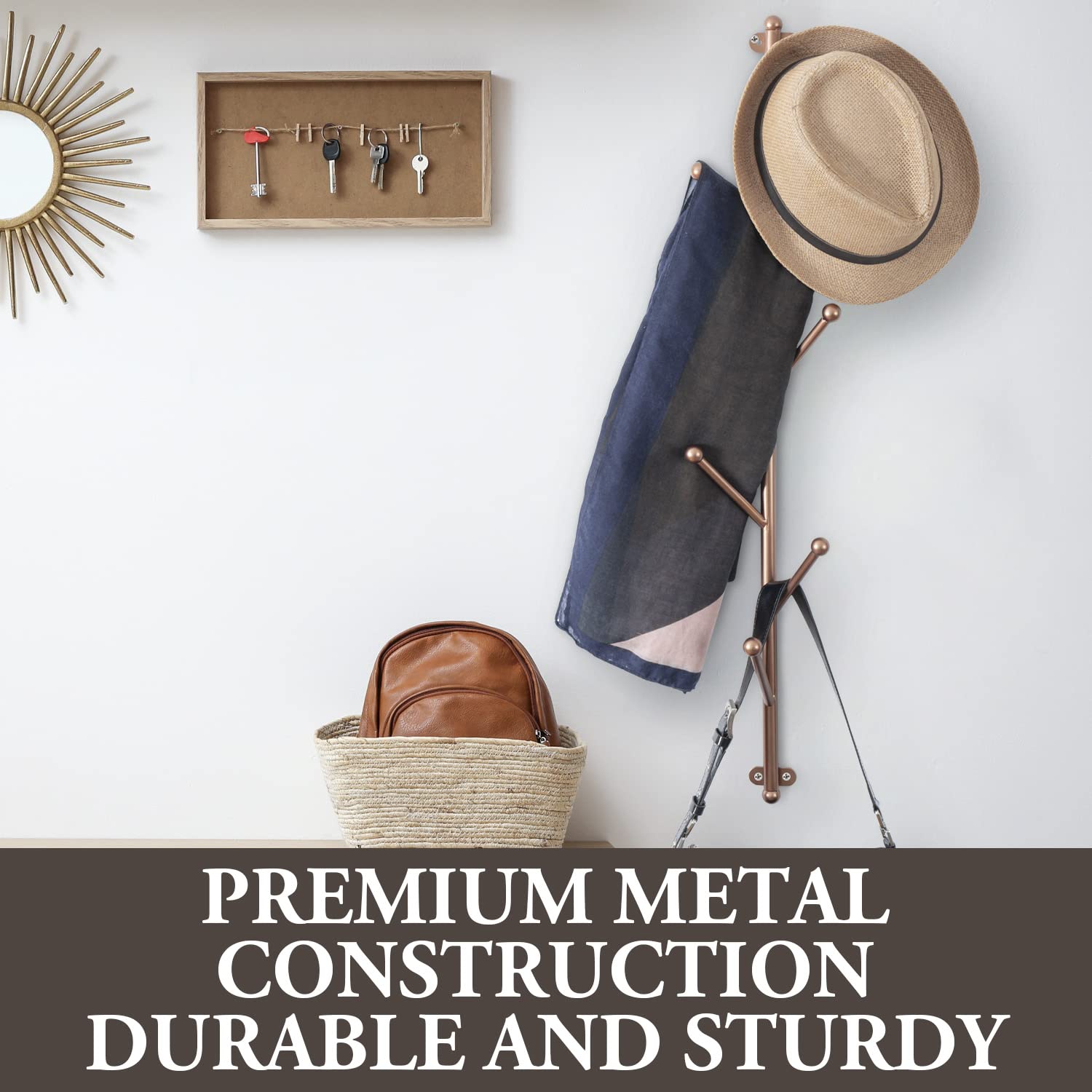 Modern Copper-Tone Wall Mounted Coat Rack with Hooks - Entryway Hanger for Hats, Jackets & Accessories - Perfect for Hallway, Mudroom or Bedroom Organization