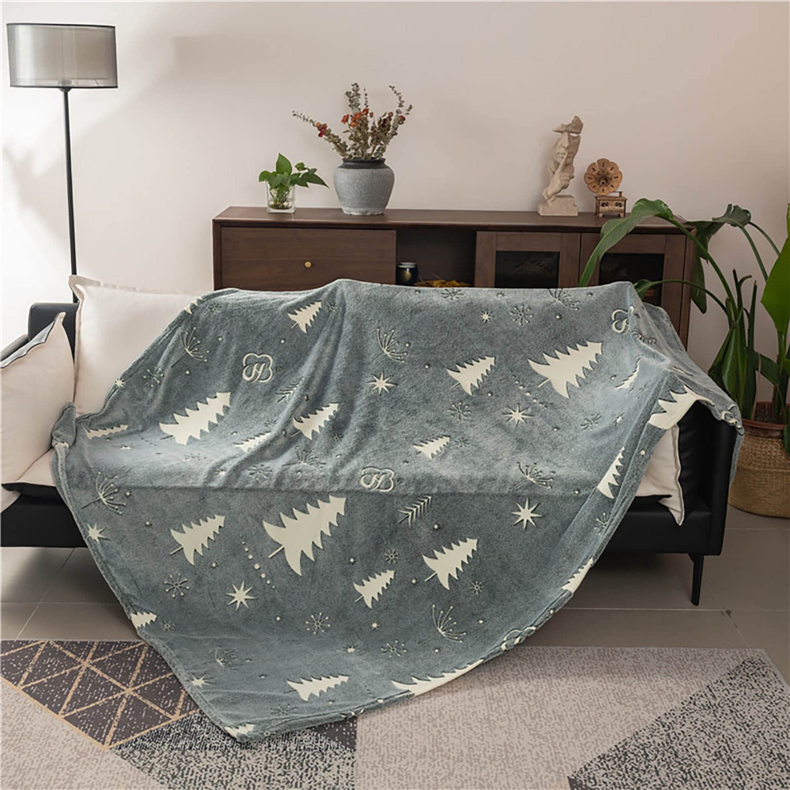 Glow in The Dark Warm Blanket - Christmas Tree Pattern Soft Fleece Throw for Kids & Adults - Cozy Flannel Blanket for Bed, Sofa, Nursery - Twin Size XL (A1-Grey) - Perfect for Winter Nights, Christmas Decor & Gift Giving